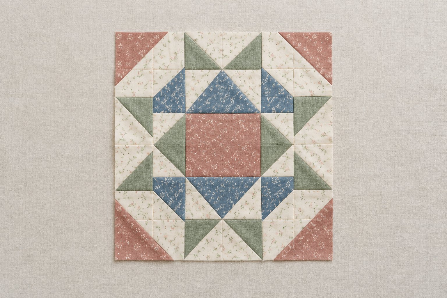 A geometric fabric quilt block arranged in a symmetrical pattern.