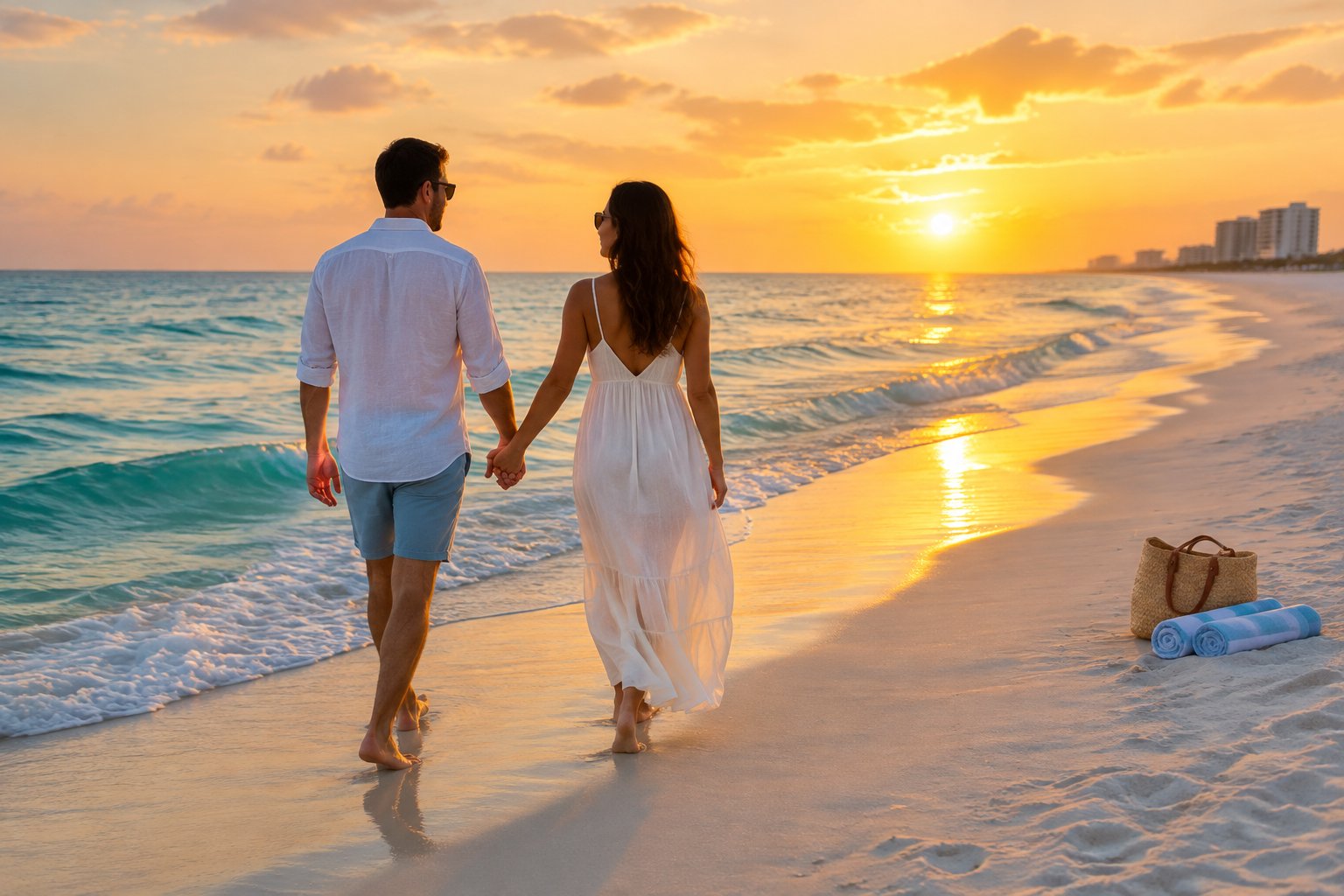 A couple walks hand in hand along a Panama City Beach shoreline at sunset.