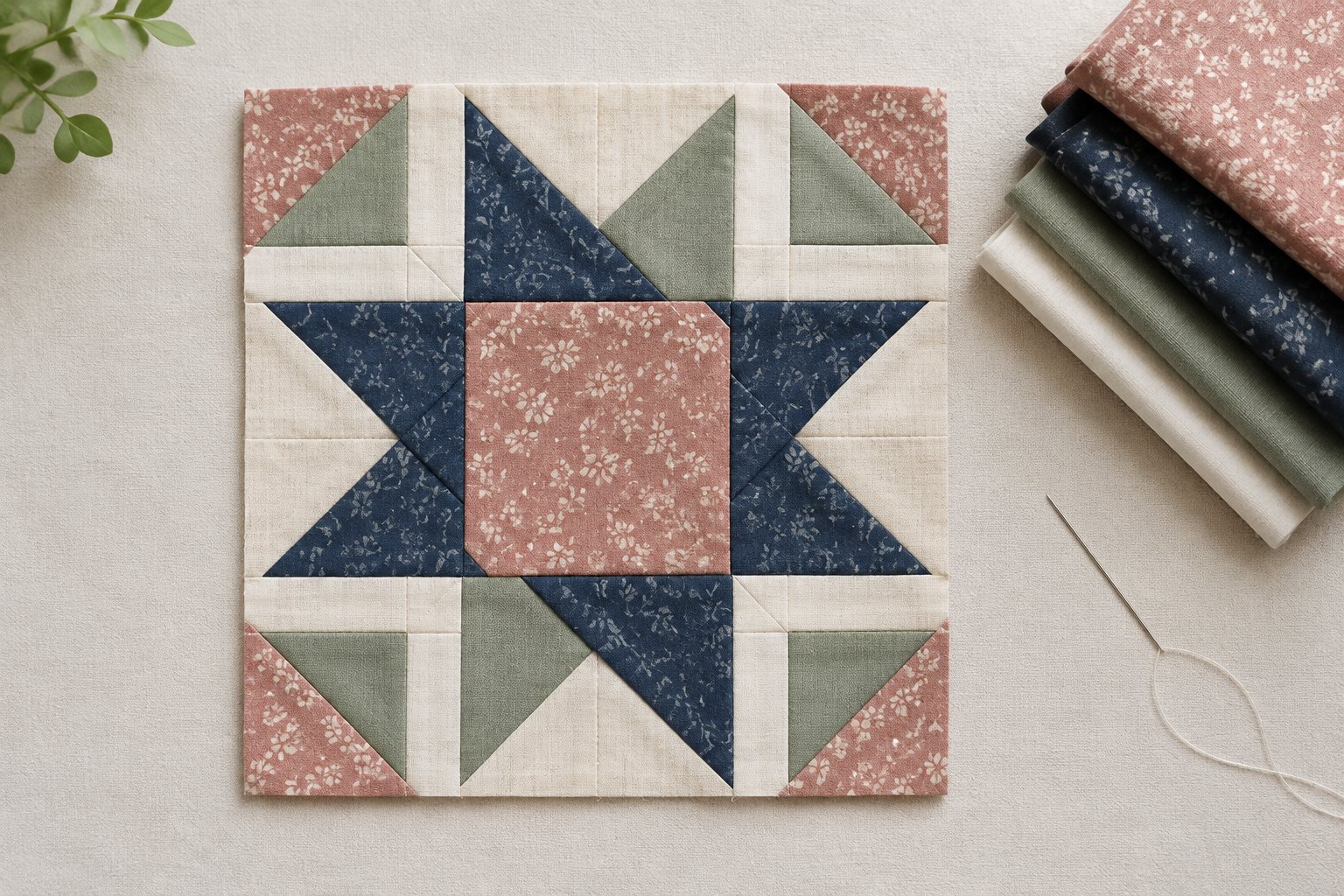A geometric quilt block rests beside folded fabric swatches and a sewing needle.