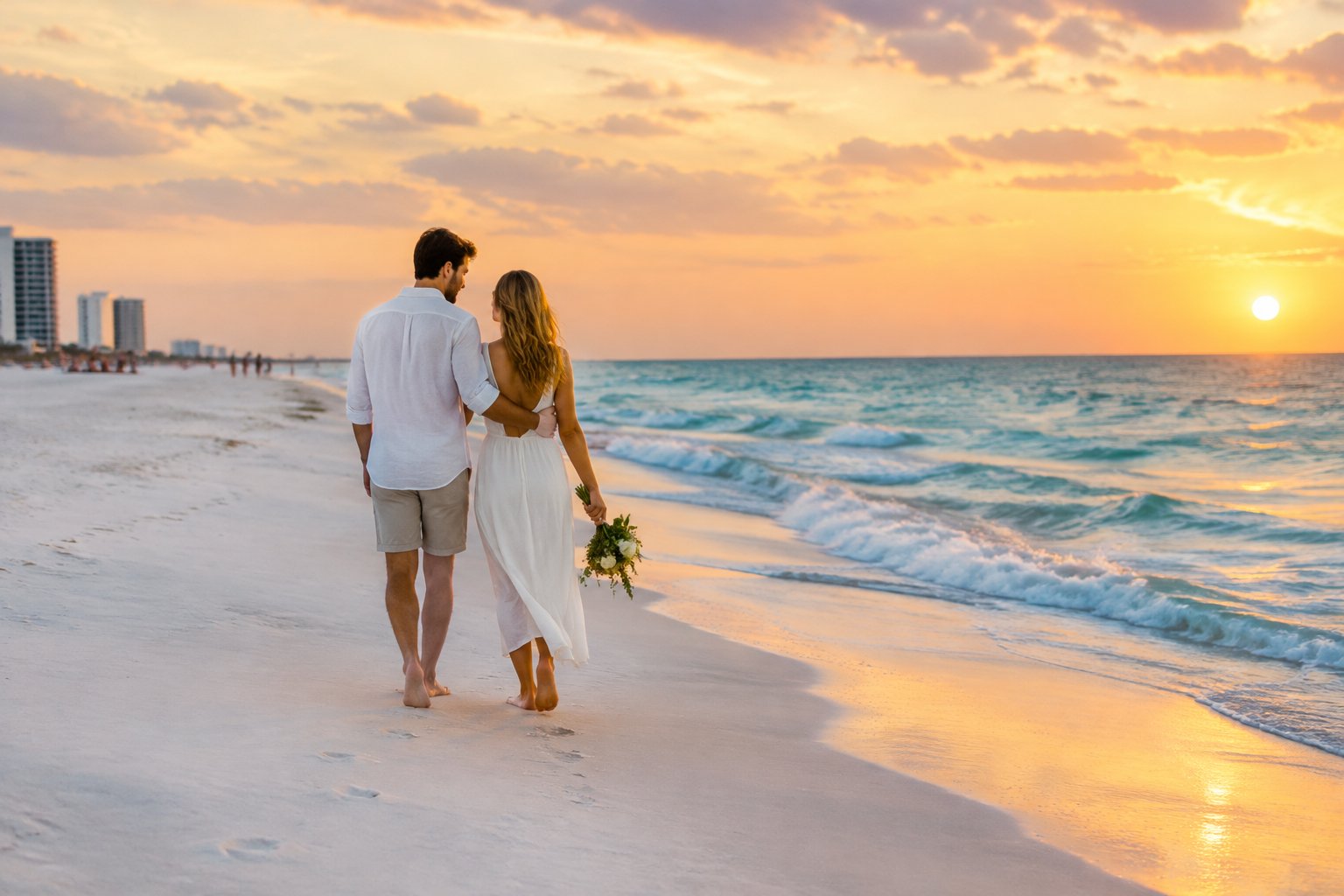 A newlywed couple walks hand in hand along a sunny beach beside gentle waves.