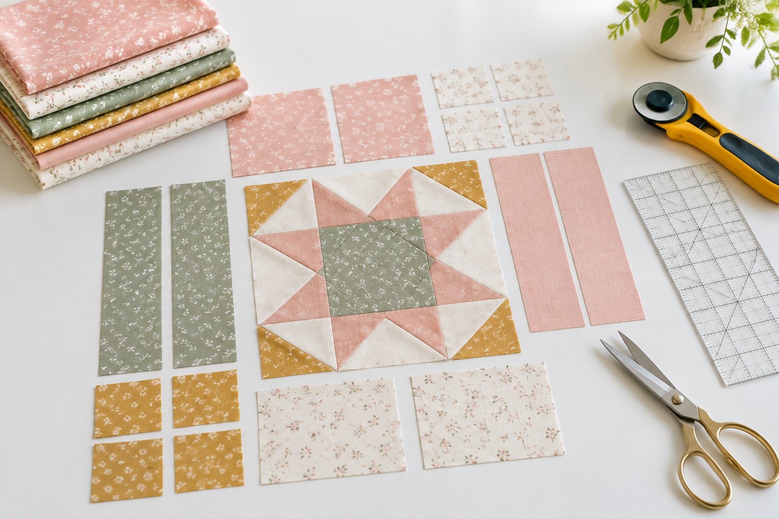 Coordinated fabric pieces, a quilting ruler, and cutting tools arranged on a worktable.