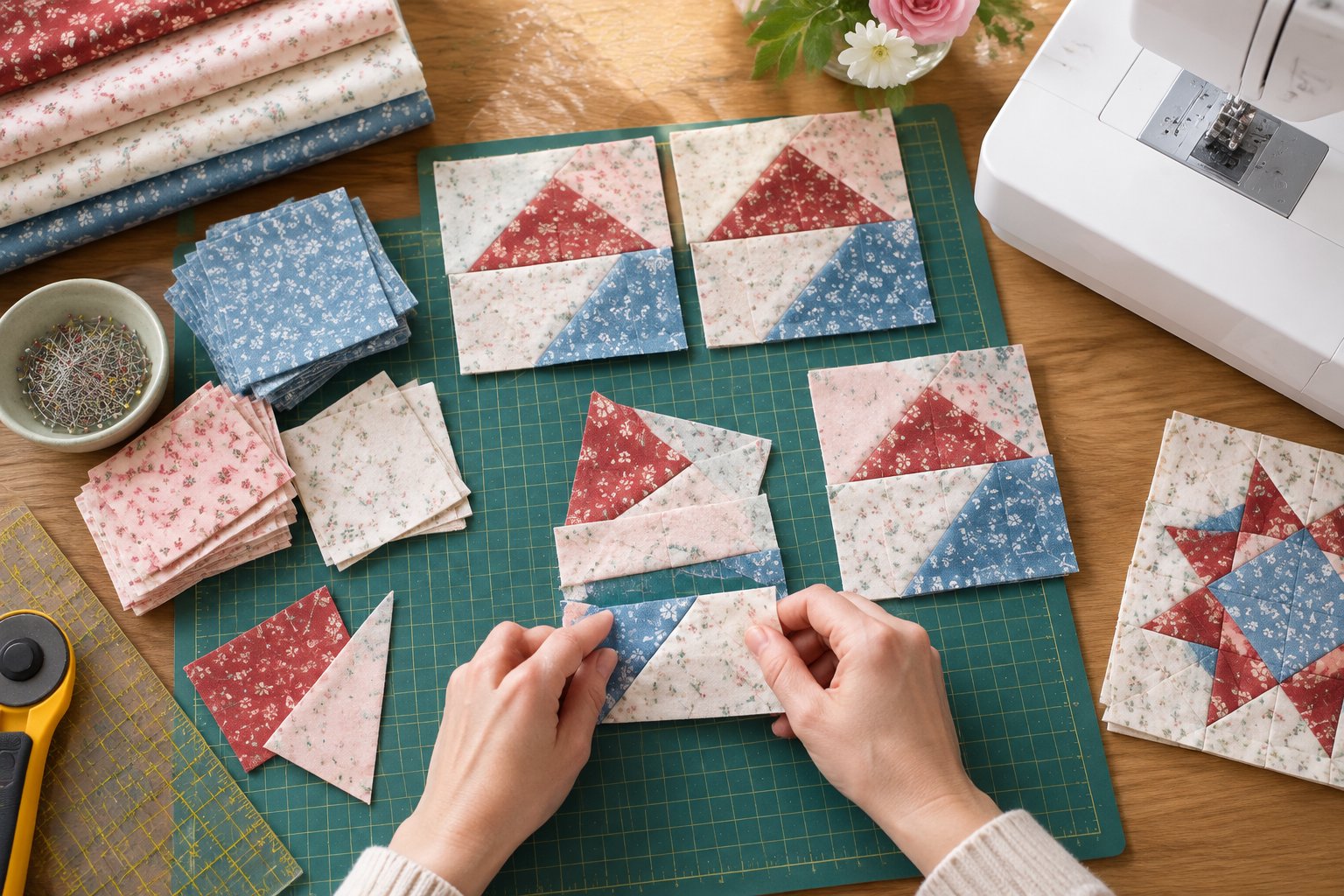 Hands arrange fabric pieces for a quilt block on a cutting mat.