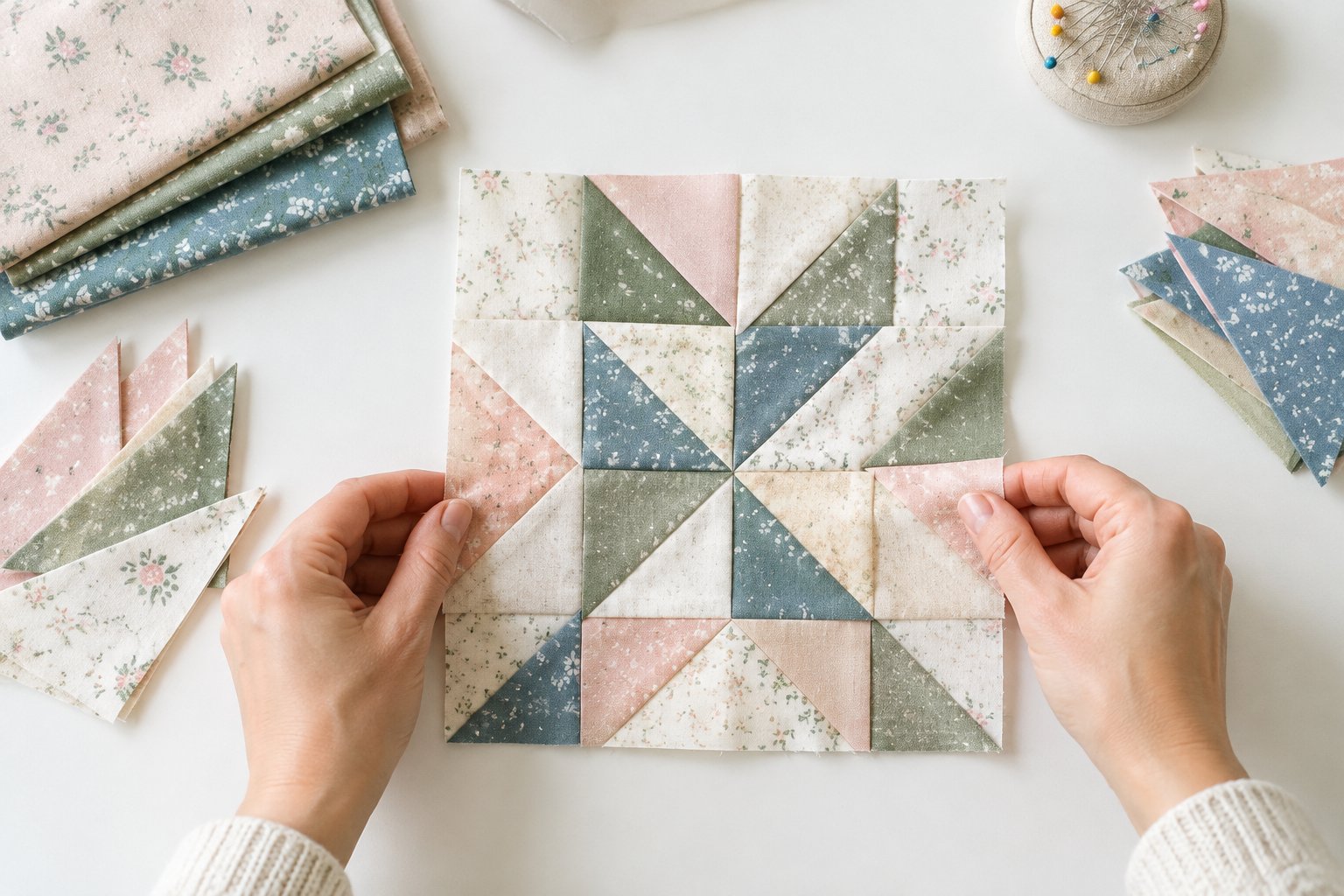 Hands align fabric pieces to assemble a geometric quilt block.