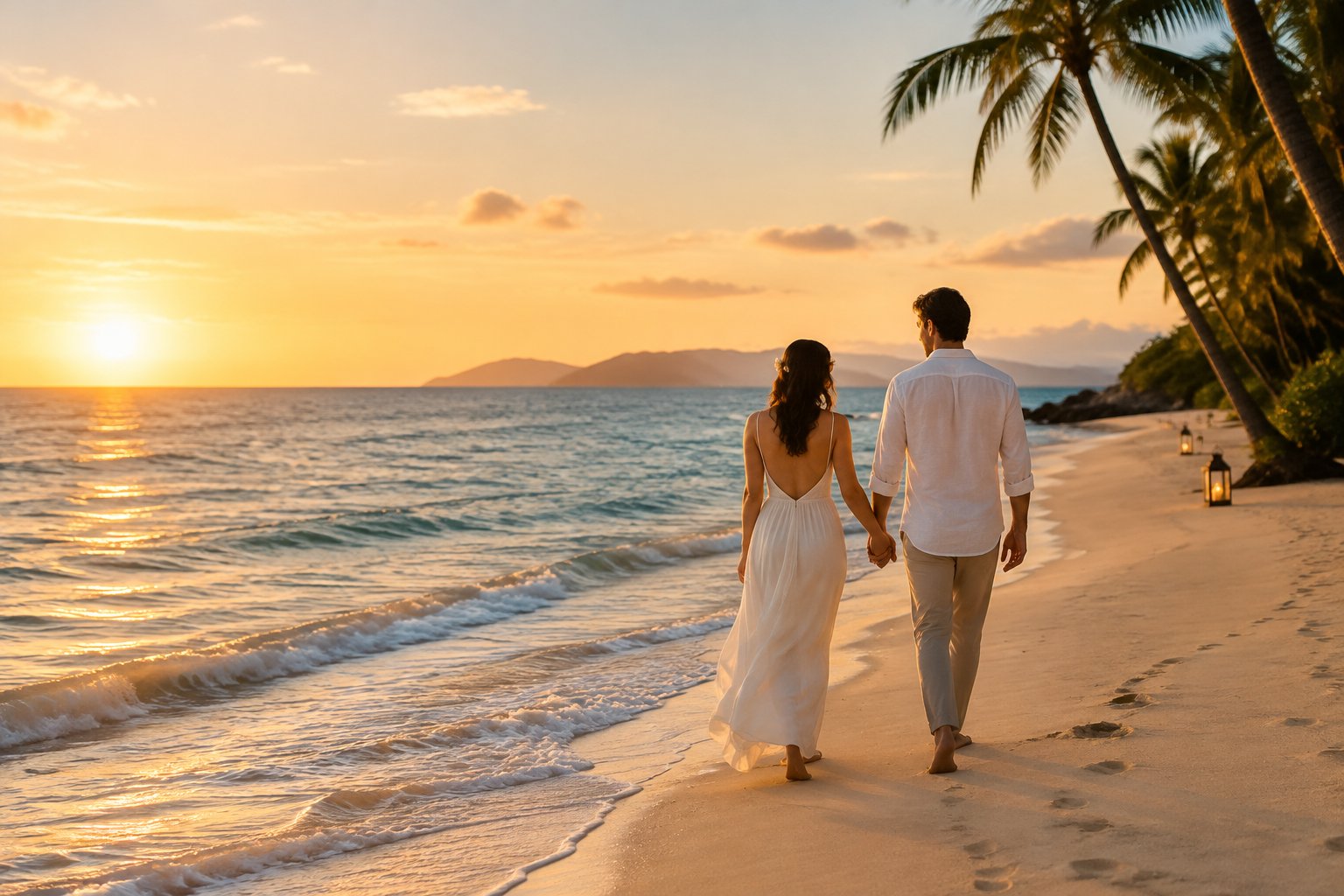 A newlywed couple walks hand in hand along a tropical beach at sunset.