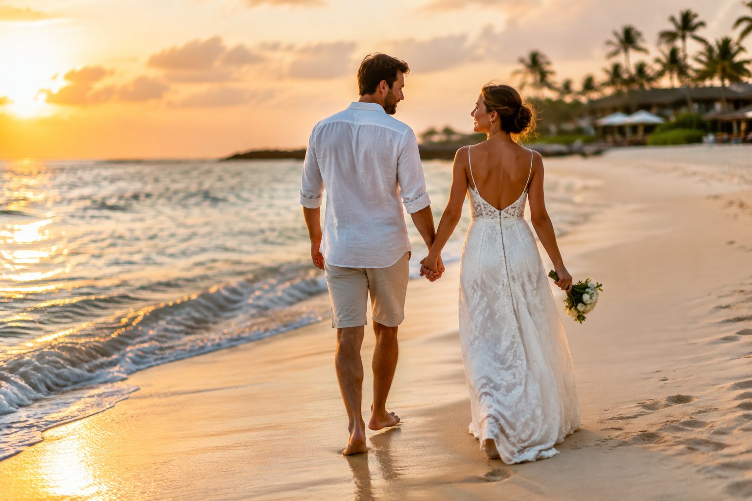 A newly married couple walks hand in hand along a tropical beach.