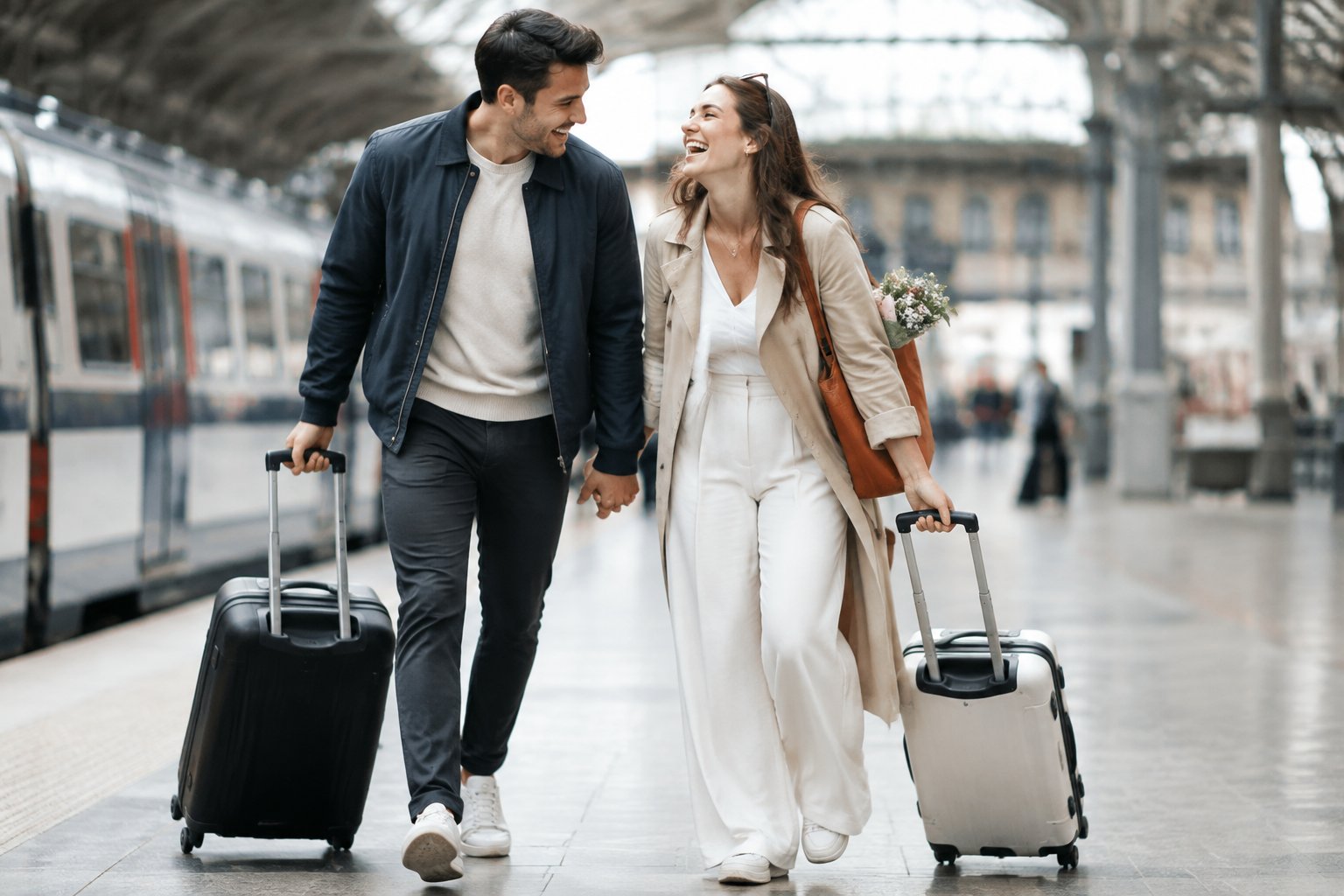 A newlywed couple laughs together while walking through a train station with their suitcases.