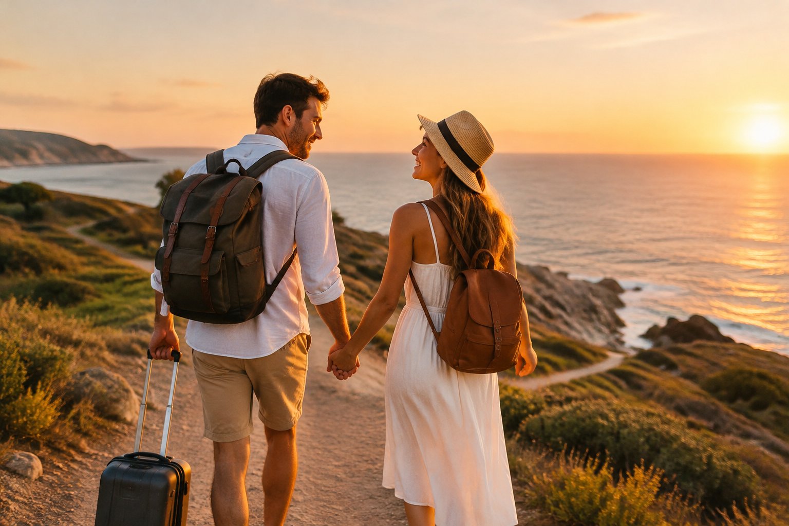A newlywed couple walks hand in hand along a coastal overlook.