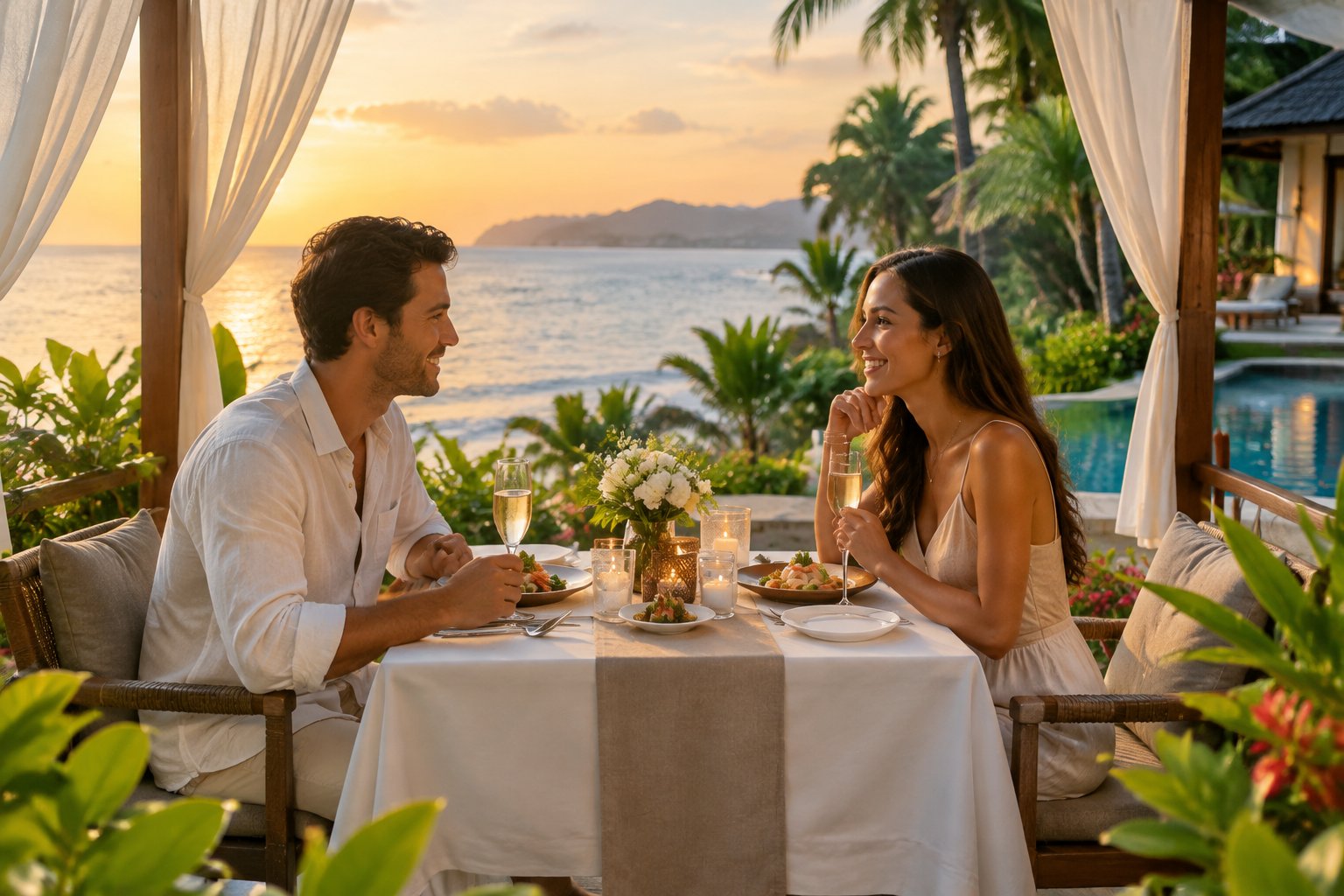 A newlywed couple shares a beachfront dinner at a tropical resort in Phuket.