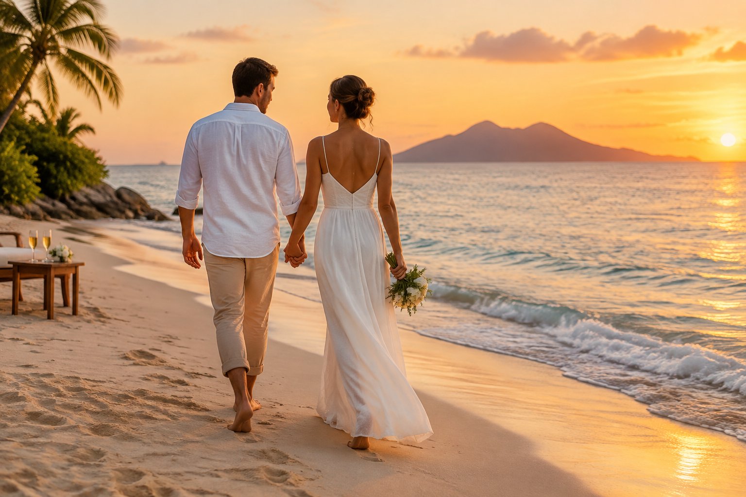 A newlywed couple walks hand in hand along a tropical beach.