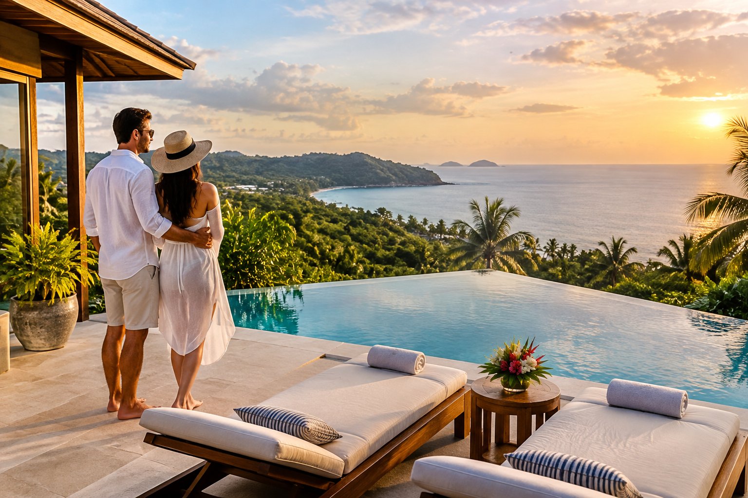 A couple relaxes on a tropical resort terrace overlooking the sea.