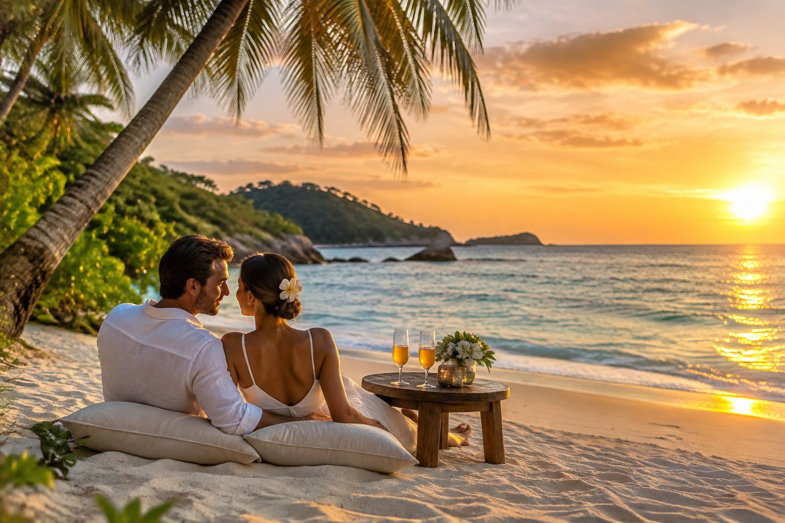 A couple sits together on a Phuket beach at sunset.