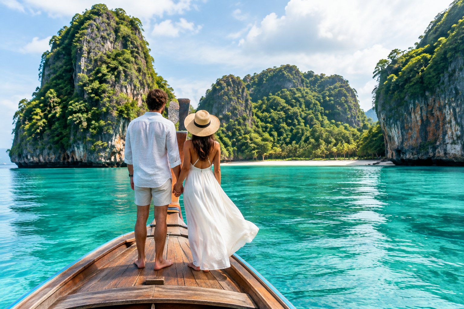 A couple on a boat approaches a tropical island in Phuket.
