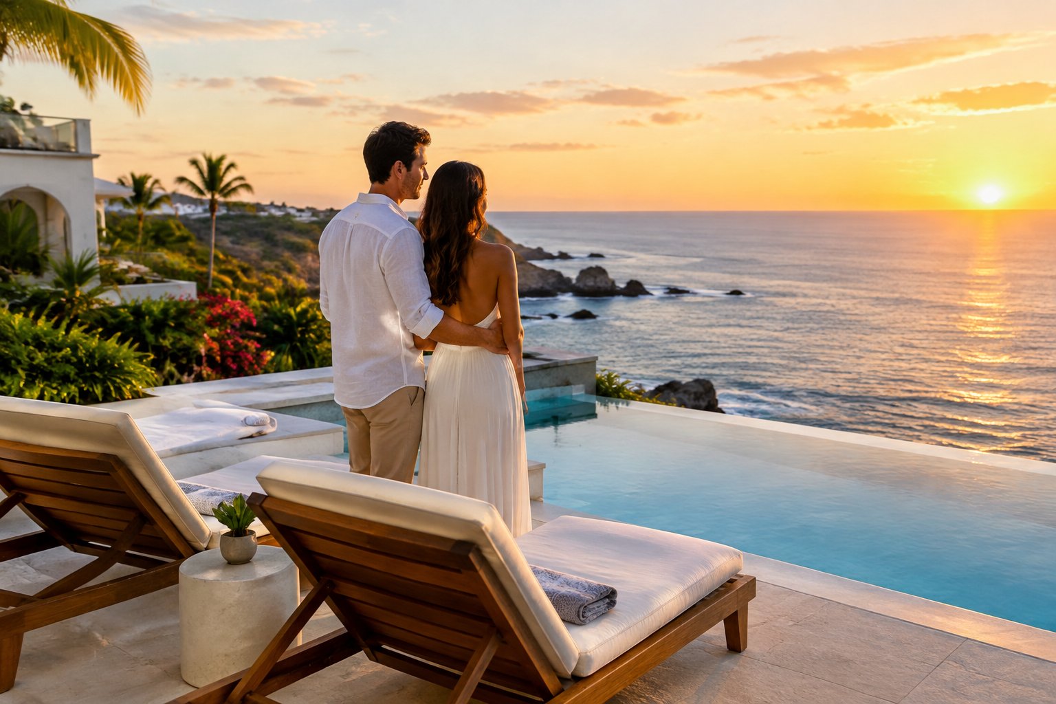 A newlywed couple stands together on a resort terrace overlooking the ocean.