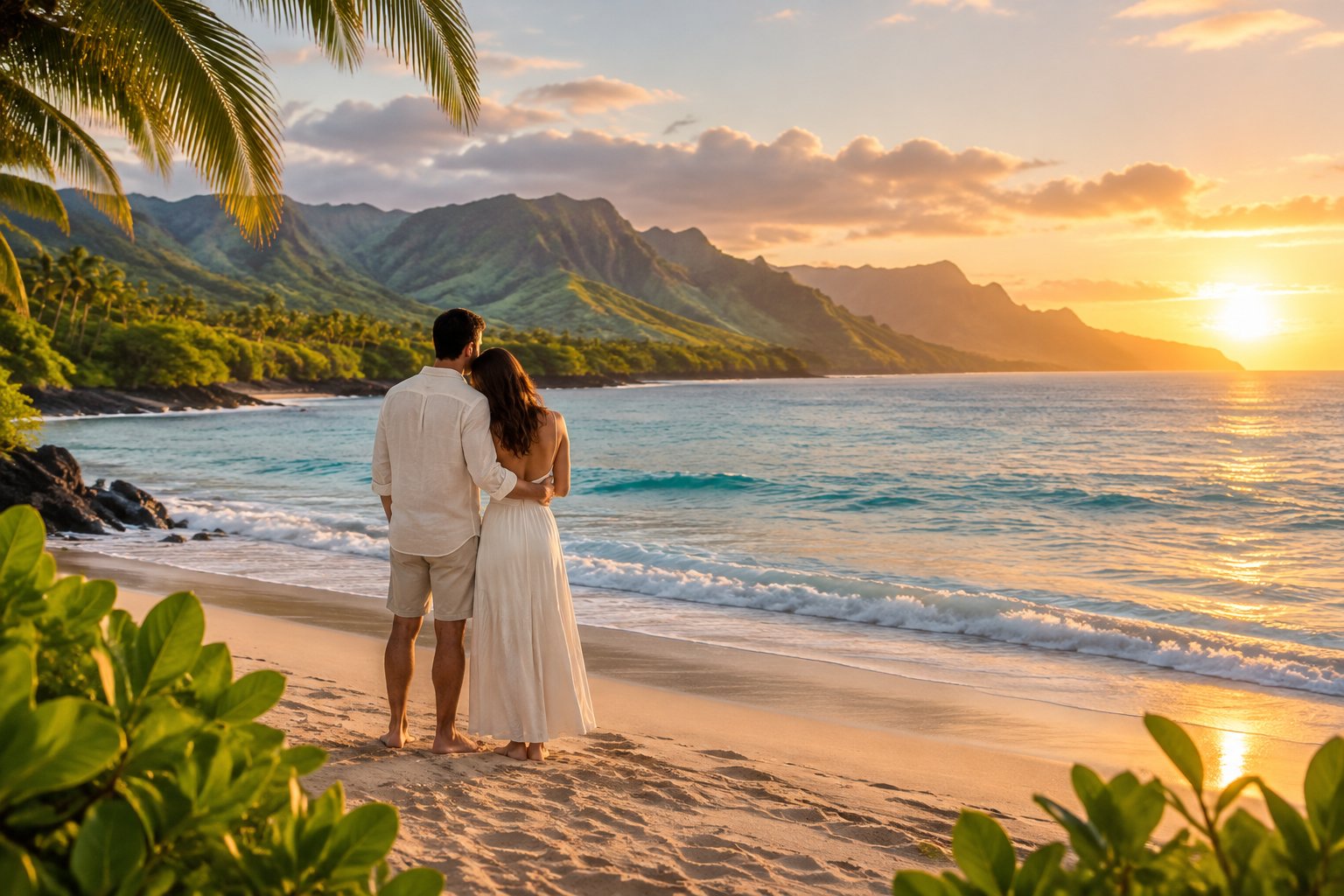 A couple stands together on a Hawaiian beach, looking out at the ocean.
