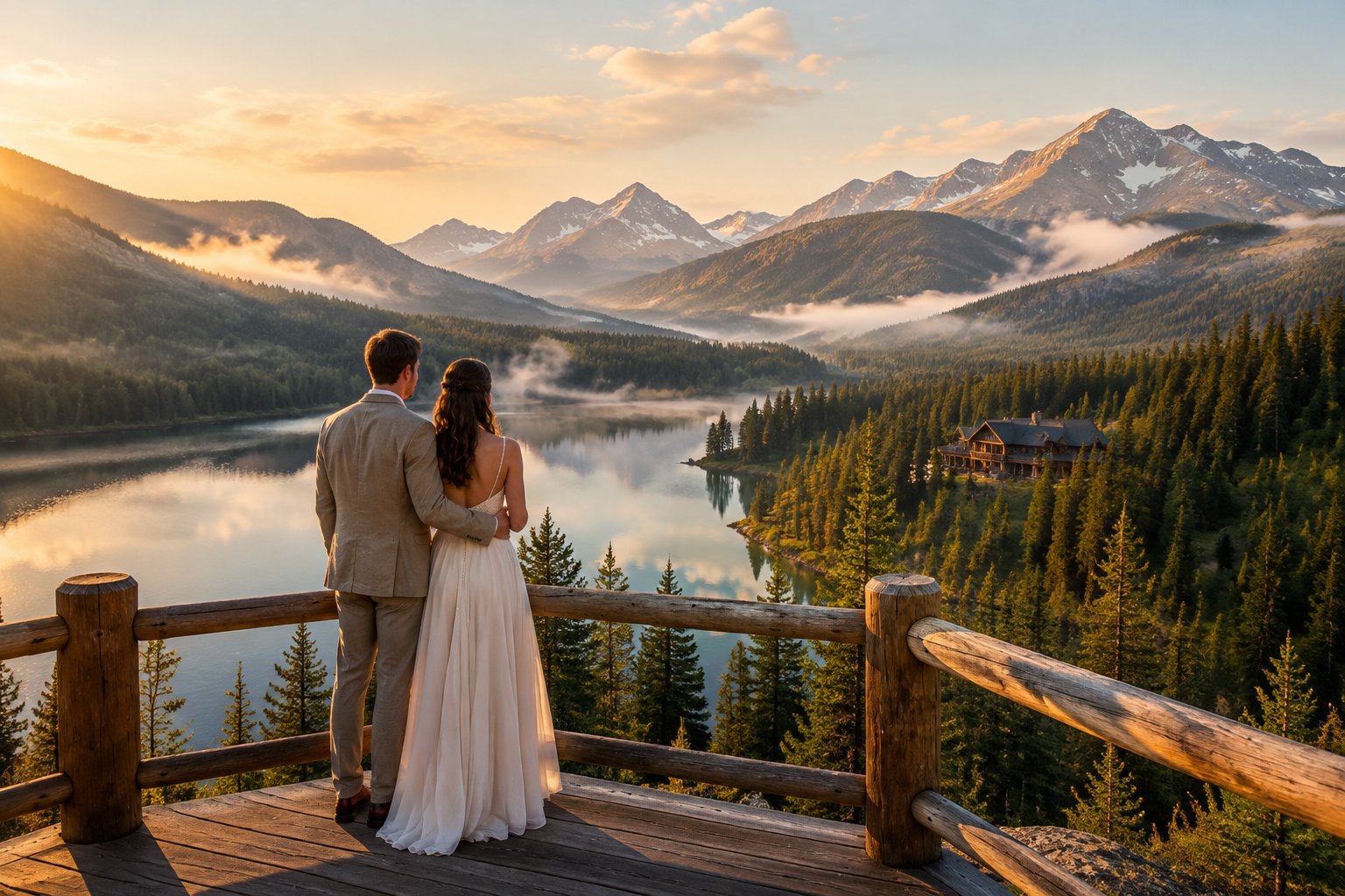 A newlywed couple embraces on a wooden overlook above an alpine lake and forested mountains.