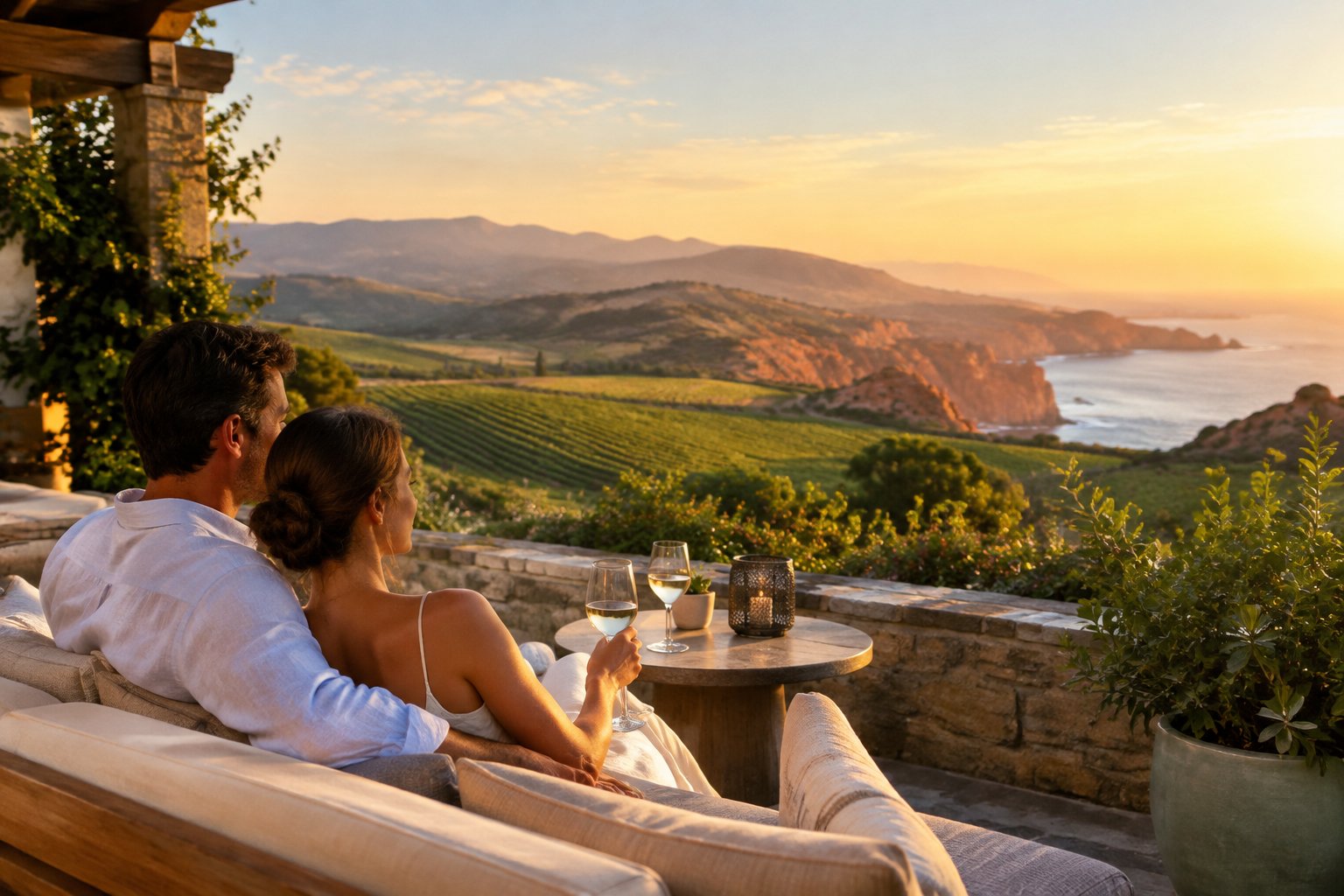 A couple shares a quiet moment on a resort terrace overlooking vineyards, desert hills, and the coast.