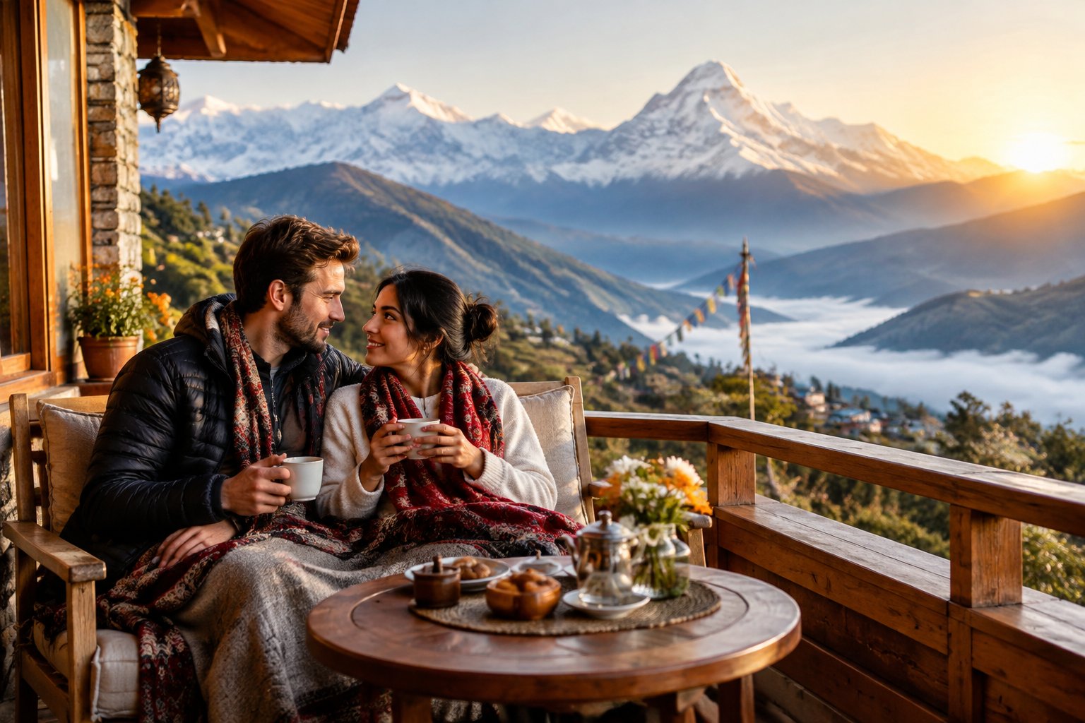 A newlywed couple shares a quiet moment on a terrace overlooking the Himalayas.