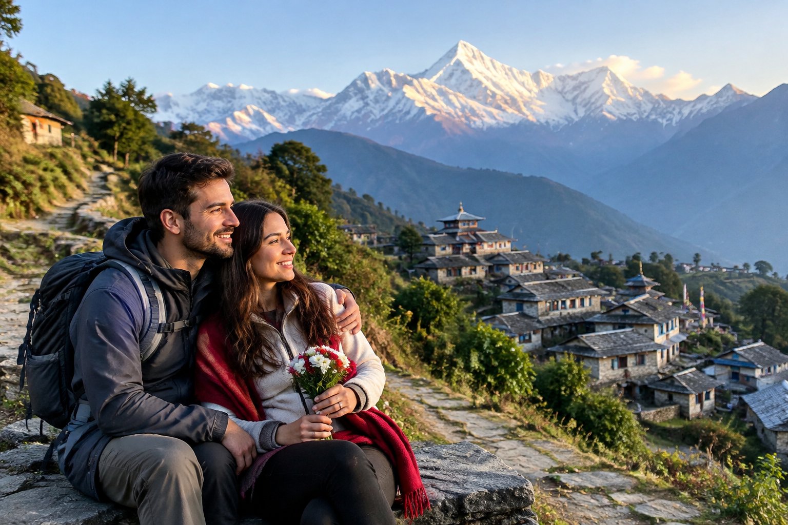A newlywed couple looks out over a Nepalese village and snow-capped Himalayan mountains.