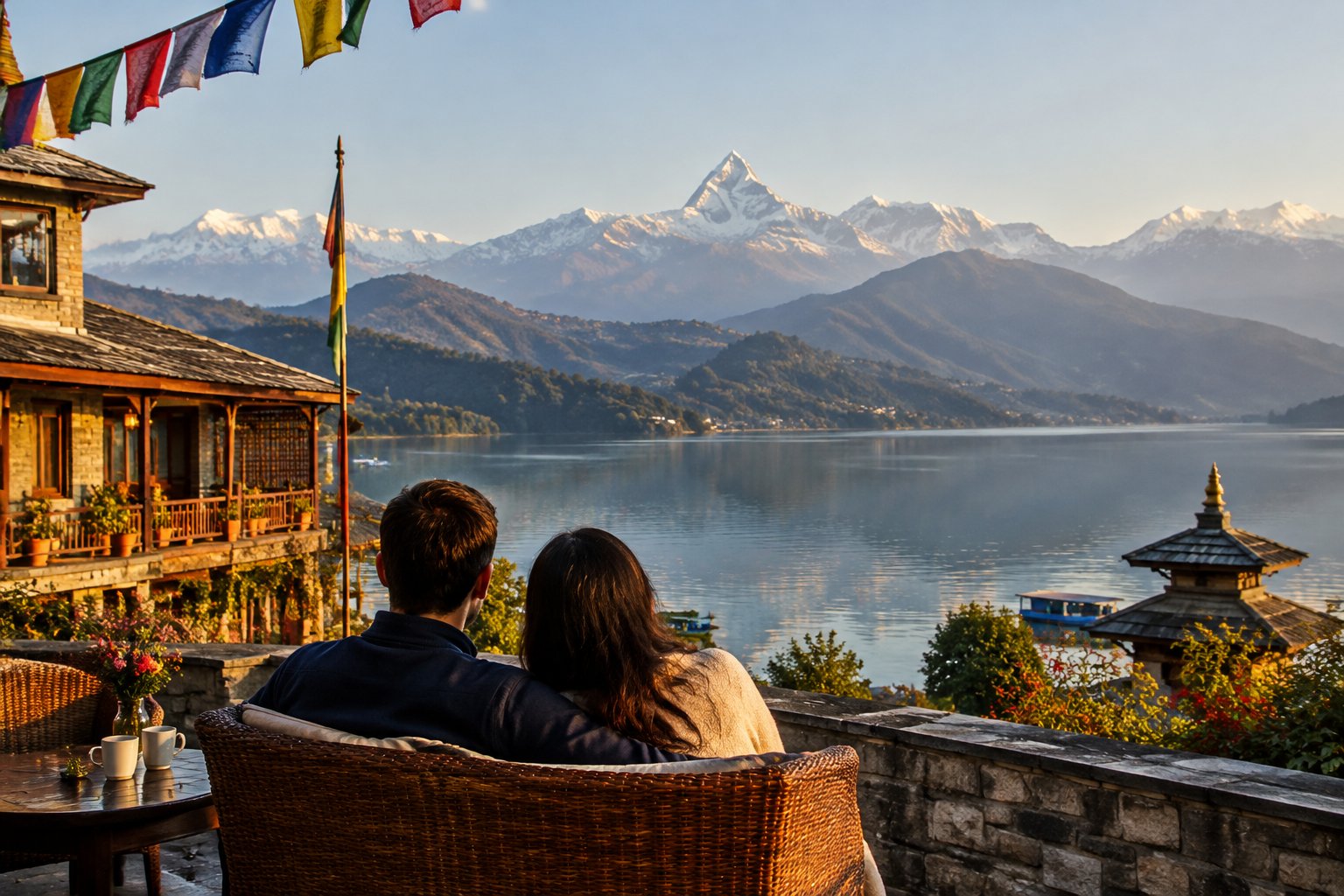 A couple looks toward the Annapurna mountains across Phewa Lake.