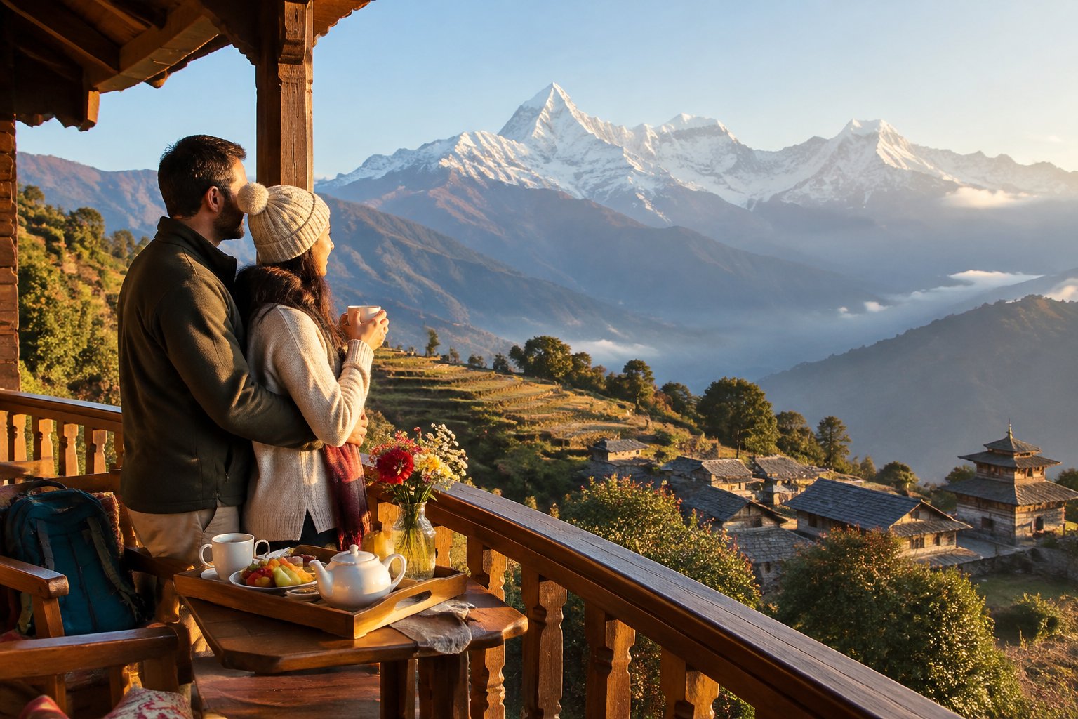 A newlywed couple enjoys a mountain view from a lodge balcony in Nepal.