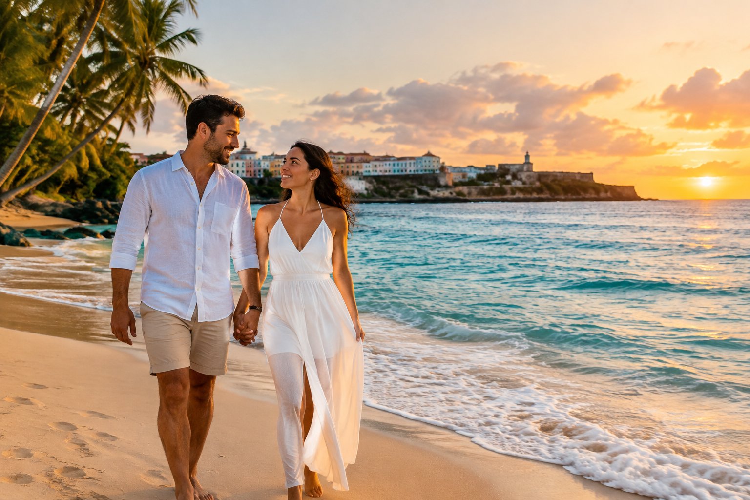 A newlywed couple walks hand in hand along a tropical Puerto Rican beach.
