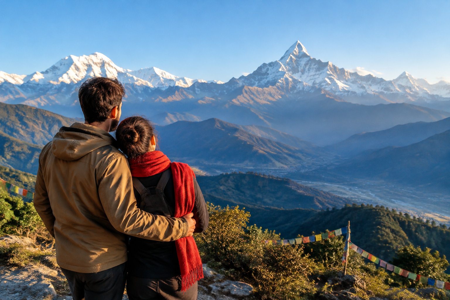 A couple looks out at snow-capped Himalayan mountains in Nepal.