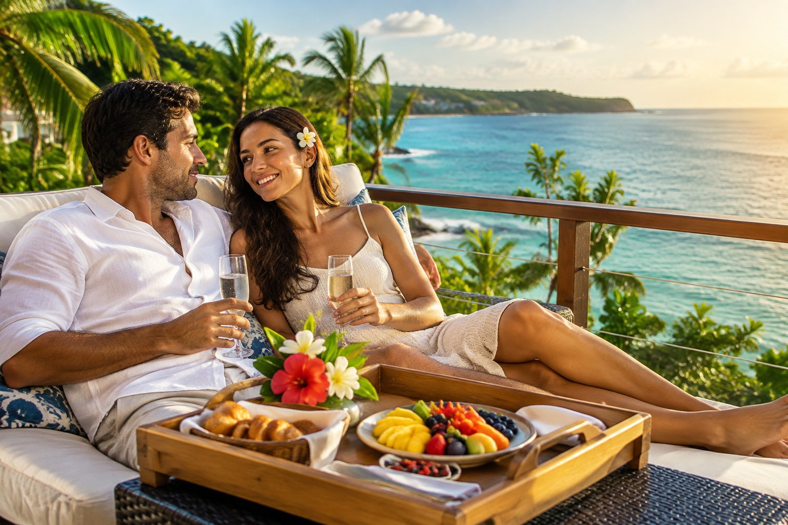 A newlywed couple relaxes on a resort terrace overlooking the turquoise sea in Puerto Rico.