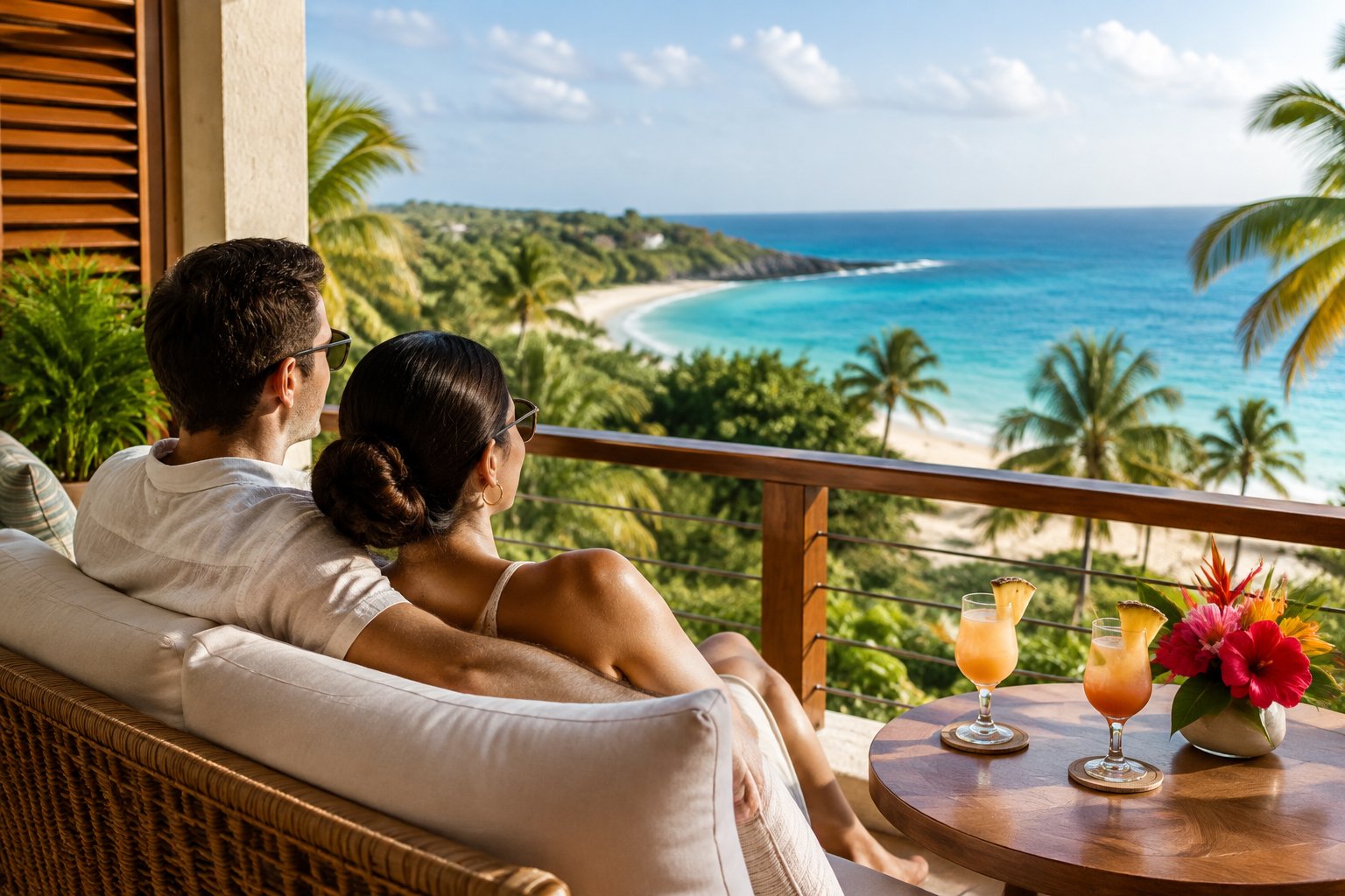 A couple relaxes on a resort balcony overlooking a tropical beach in Puerto Rico.