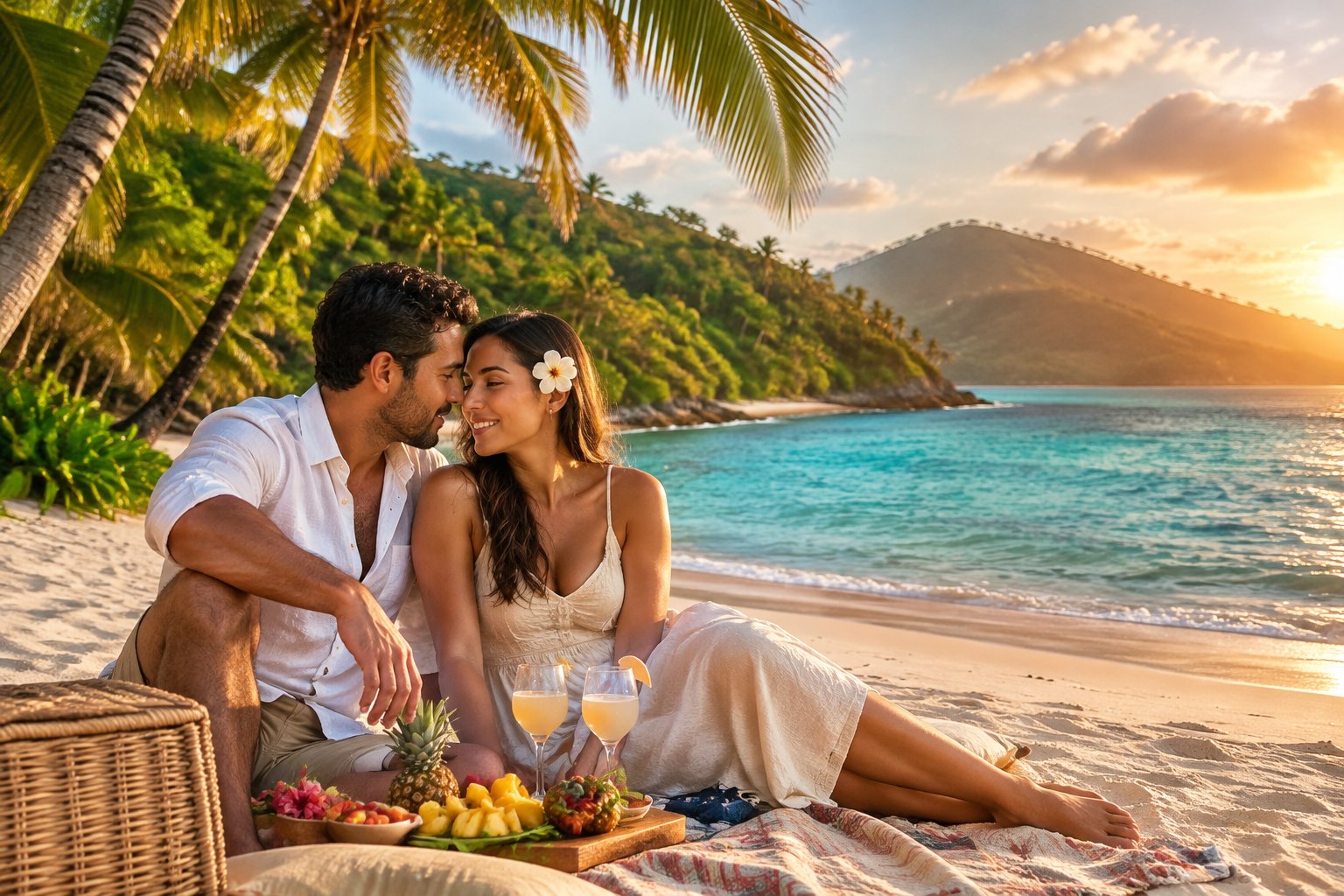 A couple shares a beach picnic beside the turquoise water in Puerto Rico.