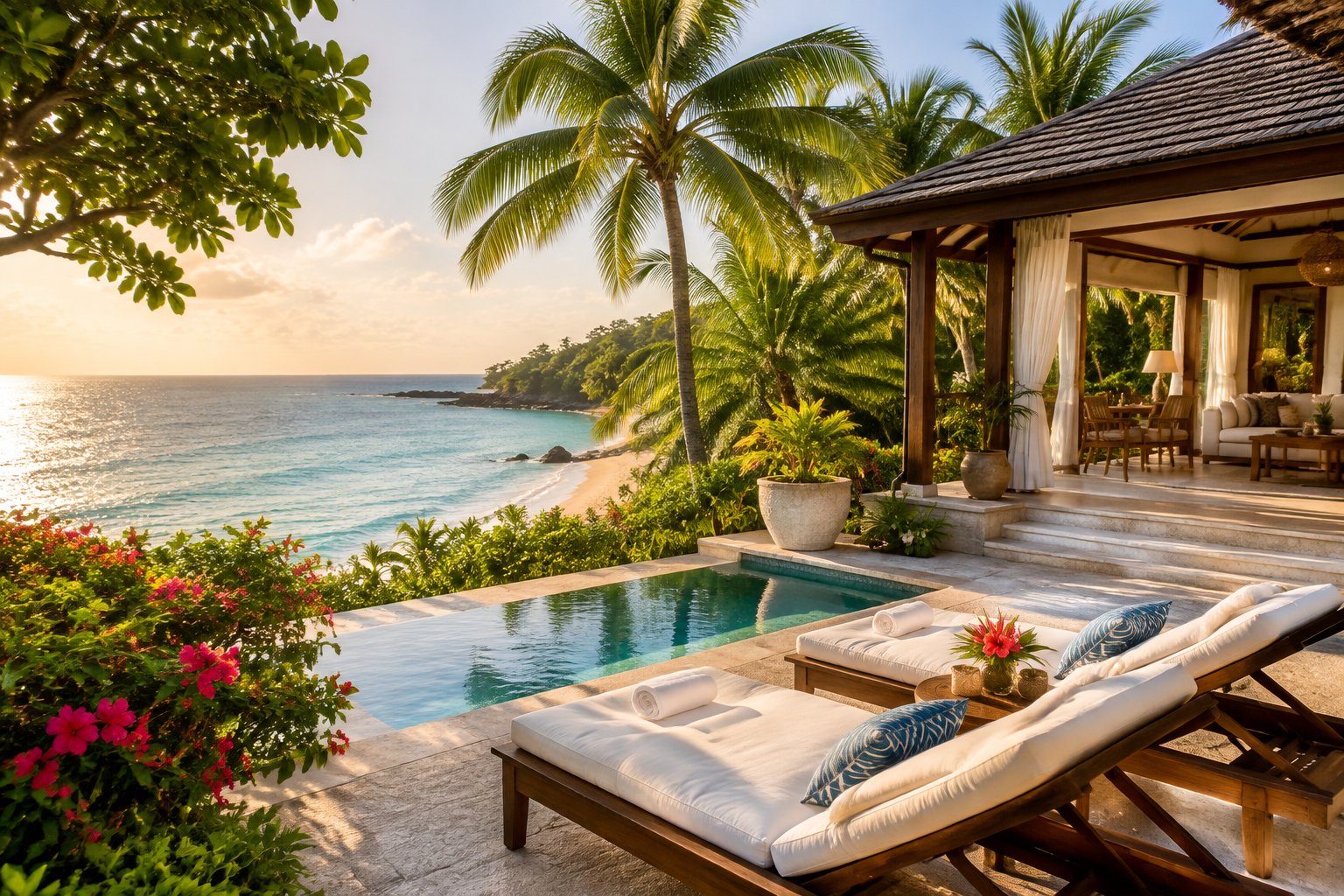 A tropical beachfront villa overlooks turquoise water and a sandy beach.