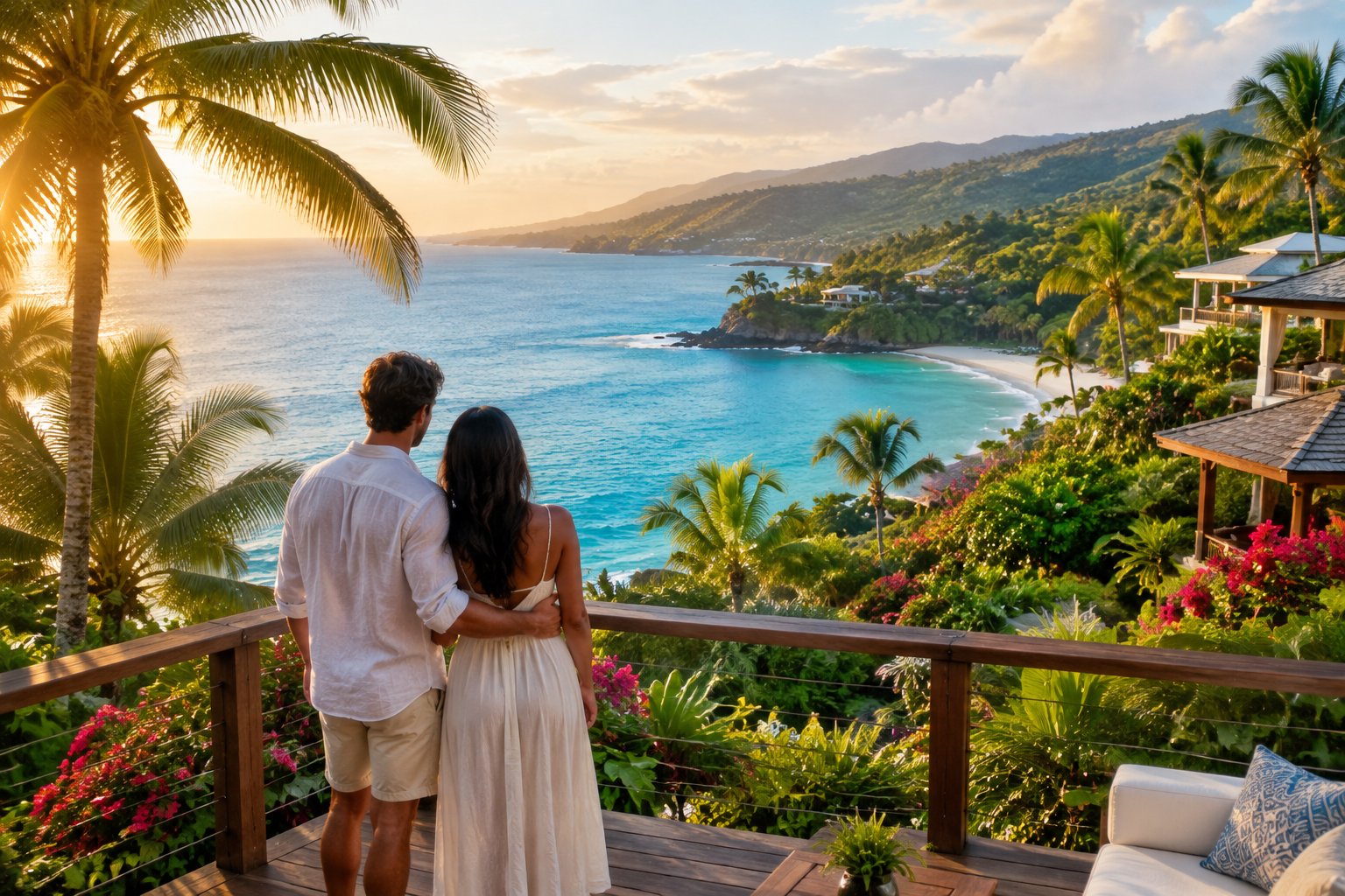 A couple looks out over the turquoise sea from a tropical Jamaican resort.
