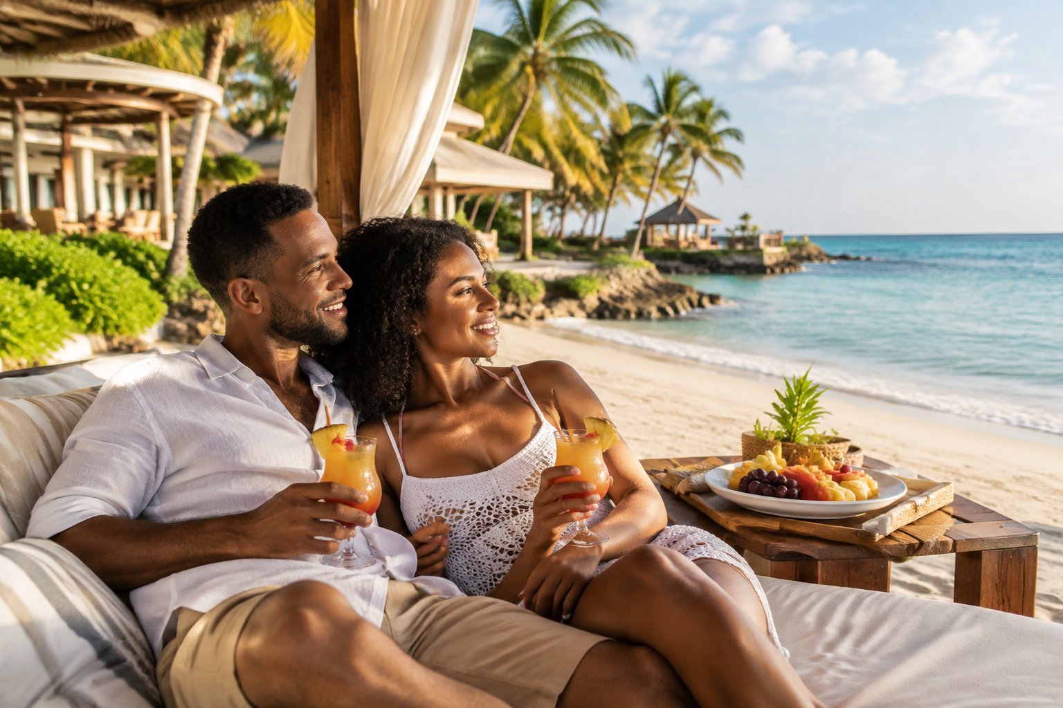 A newlywed couple relaxes together at a Jamaican beach resort overlooking the turquoise sea.