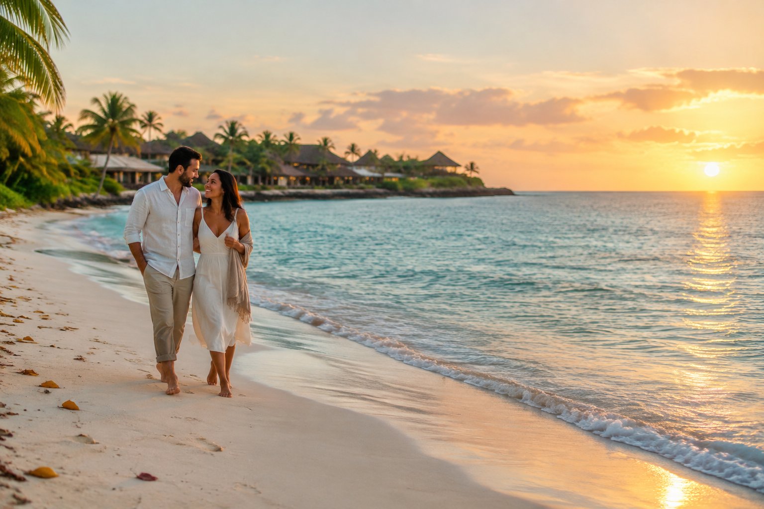 A newlywed couple walks hand in hand along a tropical beach at sunset.