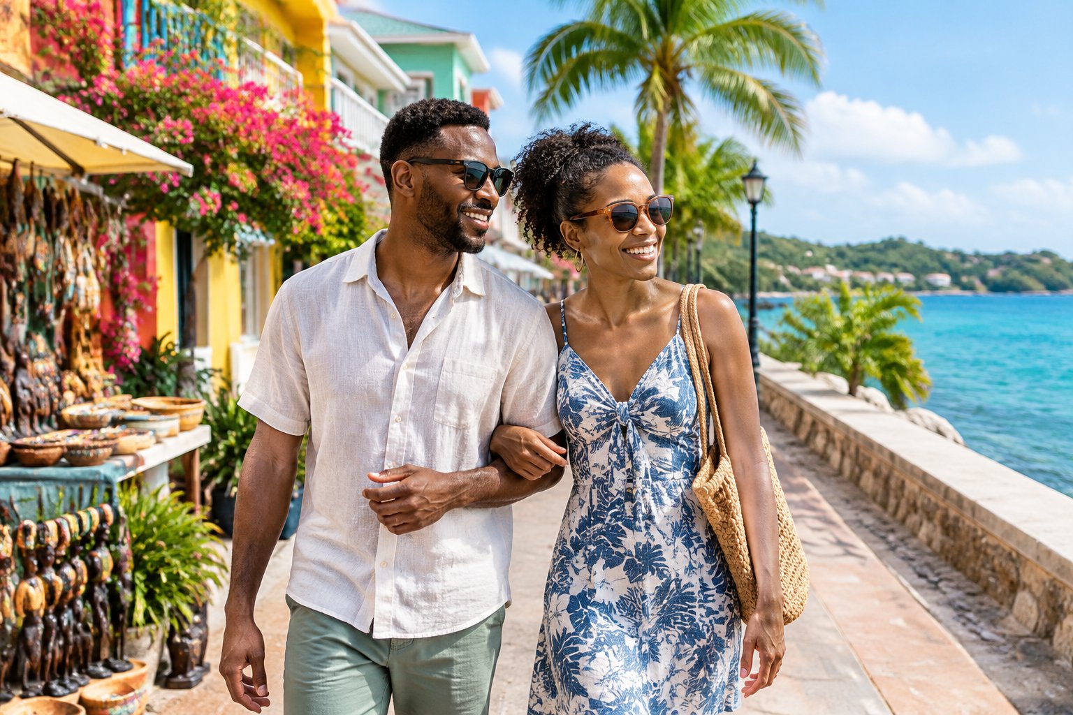 A couple strolls through a sunny Jamaican coastal town.