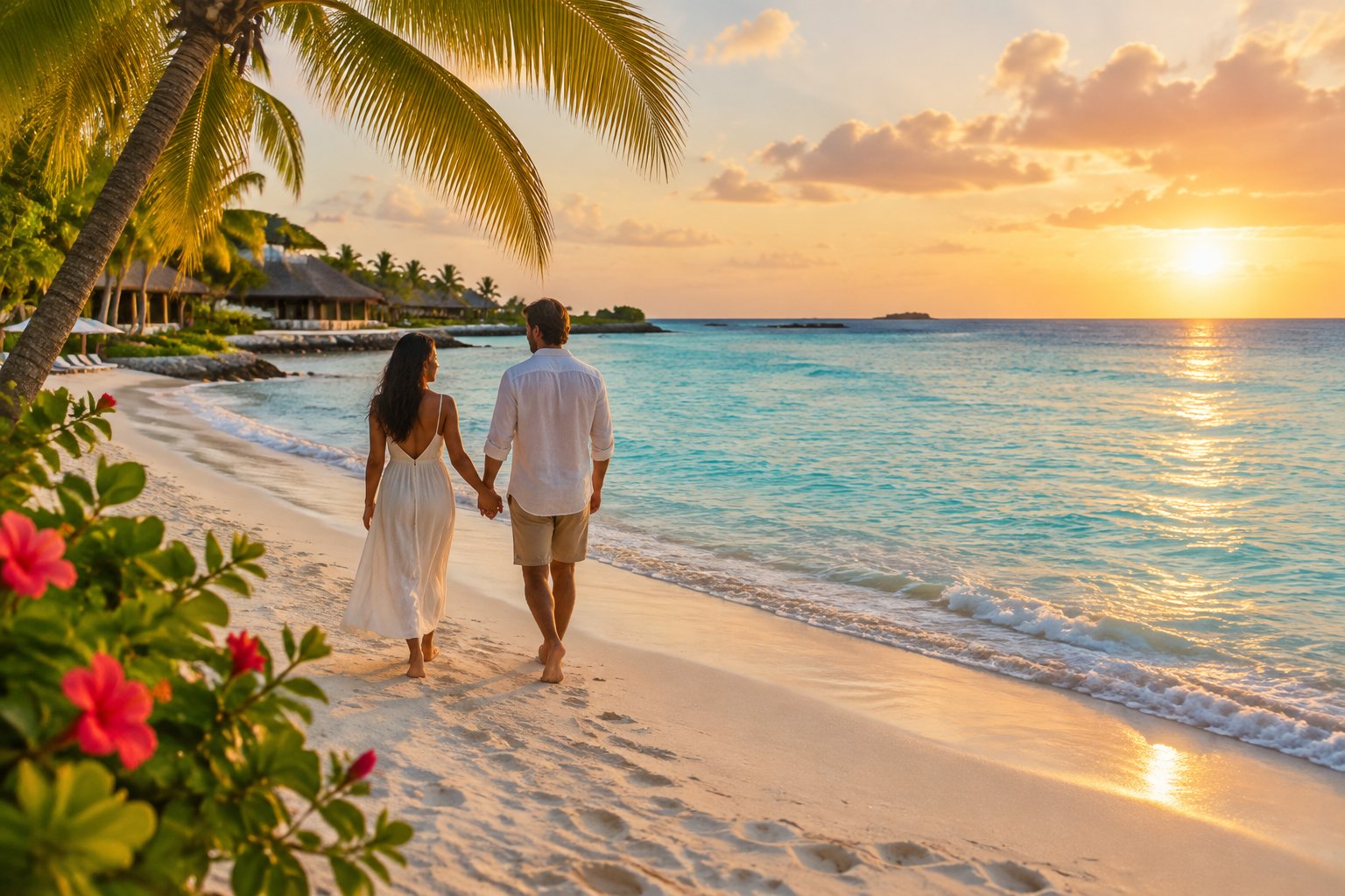 A couple walks hand in hand along a tropical beach beside turquoise water.