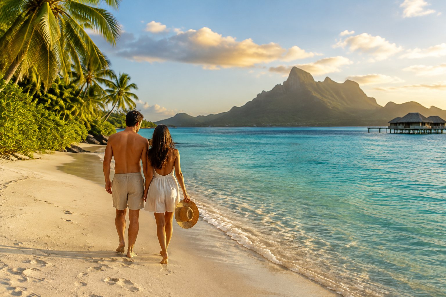 A couple walks along a quiet tropical beach toward a turquoise lagoon and distant island.