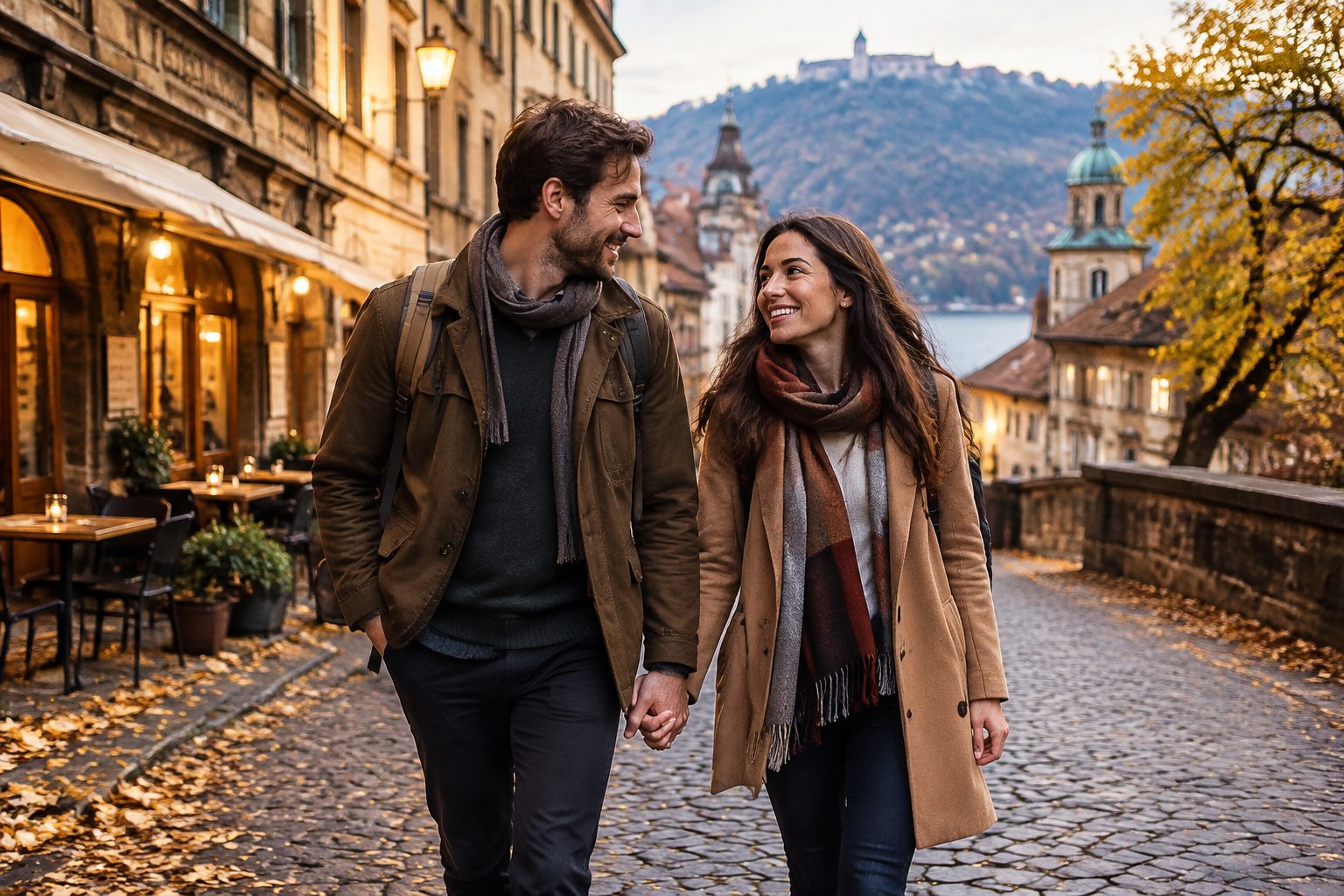 A newlywed couple walks hand in hand along a leafy cobblestone street in a historic city.