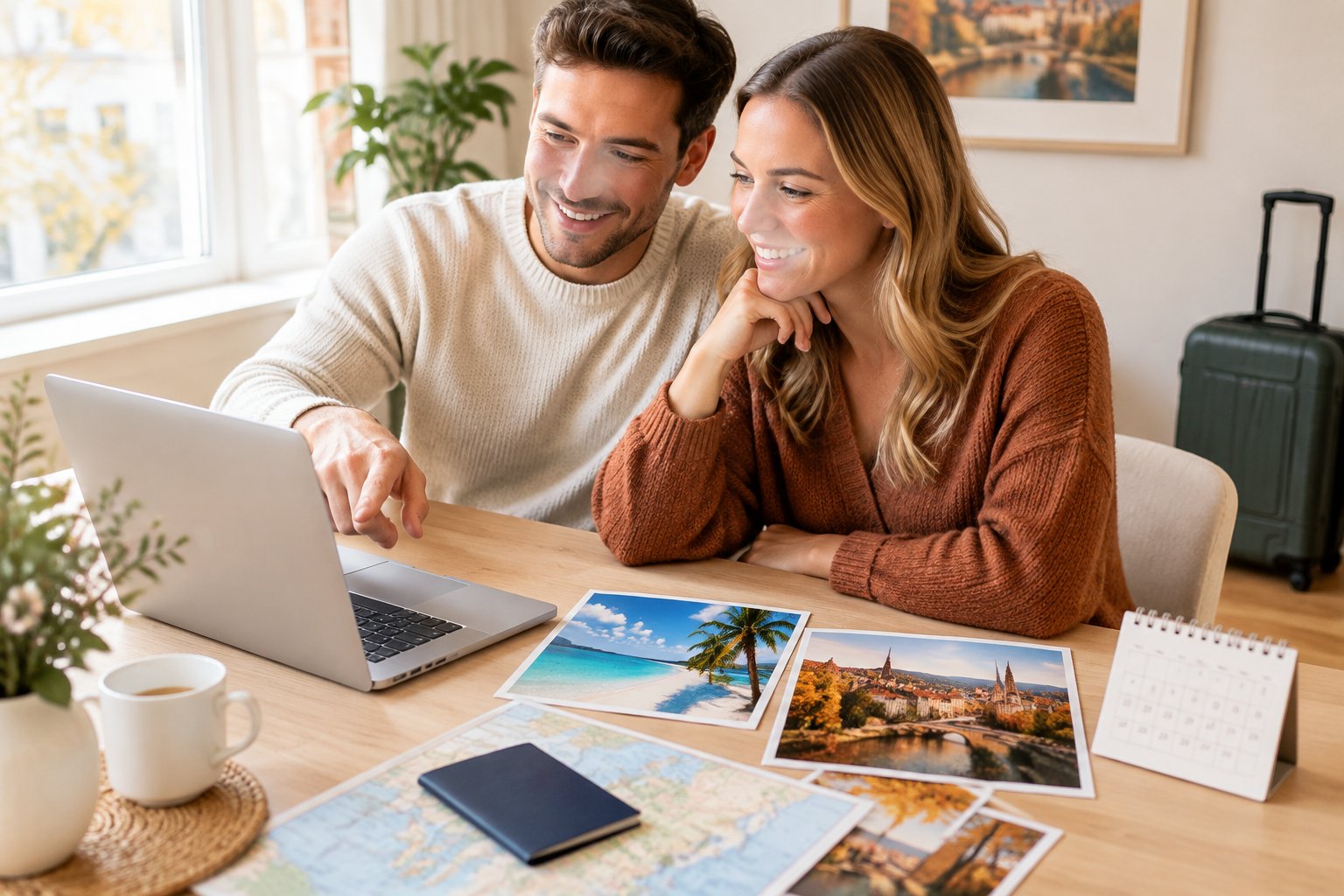 A couple compares travel options for their honeymoon at a table.