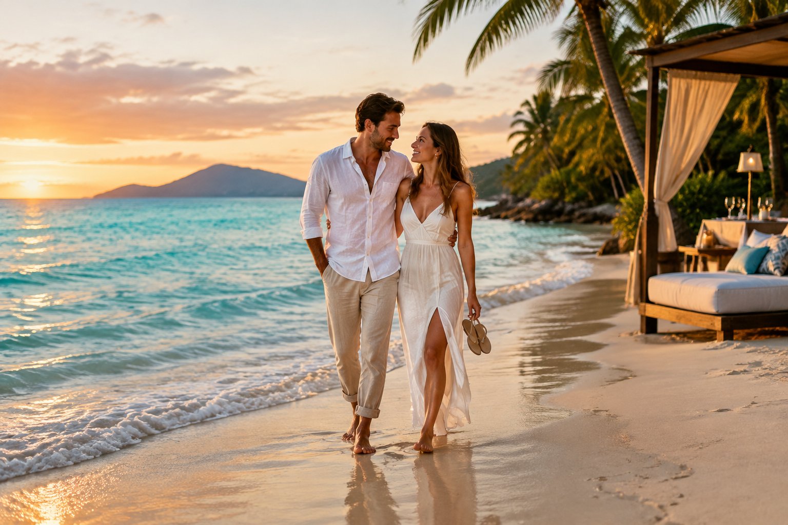 A newlywed couple walks along a tropical Queensland beach beside a resort.
