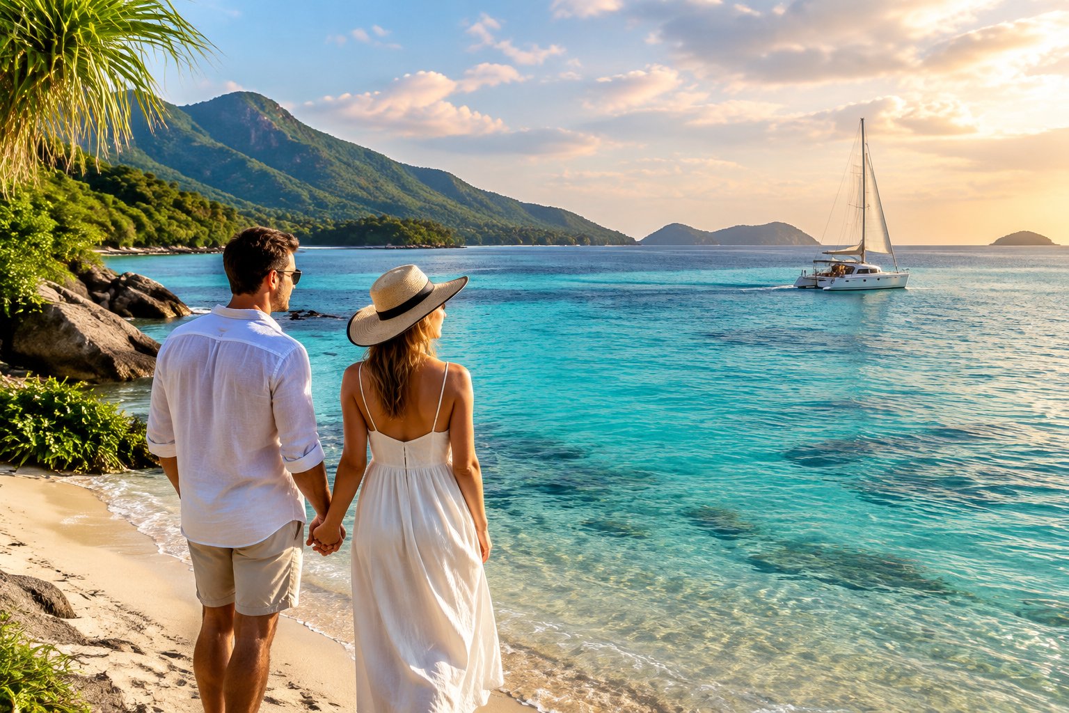 A couple holds hands on a tropical Queensland beach, looking toward turquoise water and distant islands.