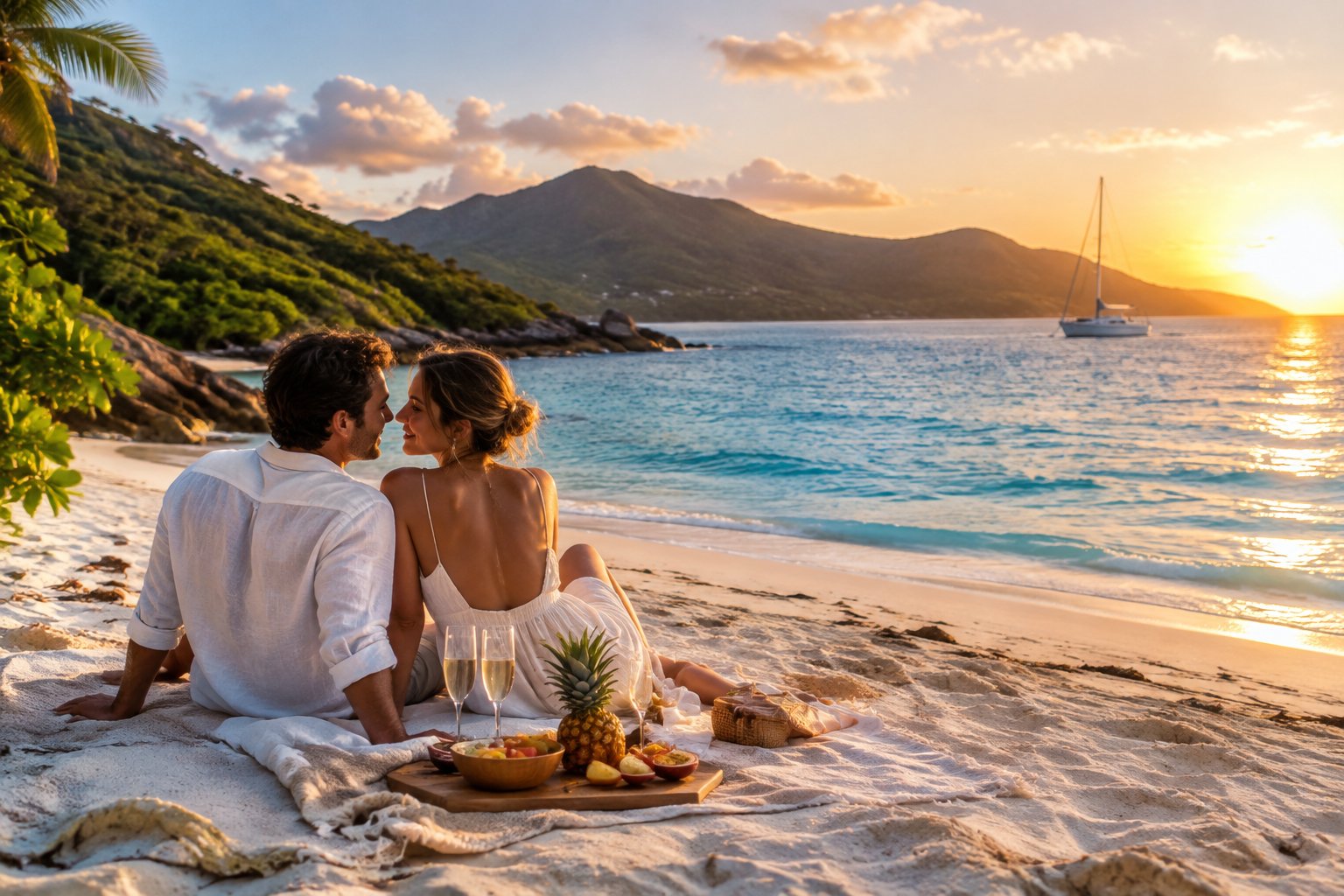 A couple shares a picnic on a tropical Queensland beach as a sailboat crosses the sea.