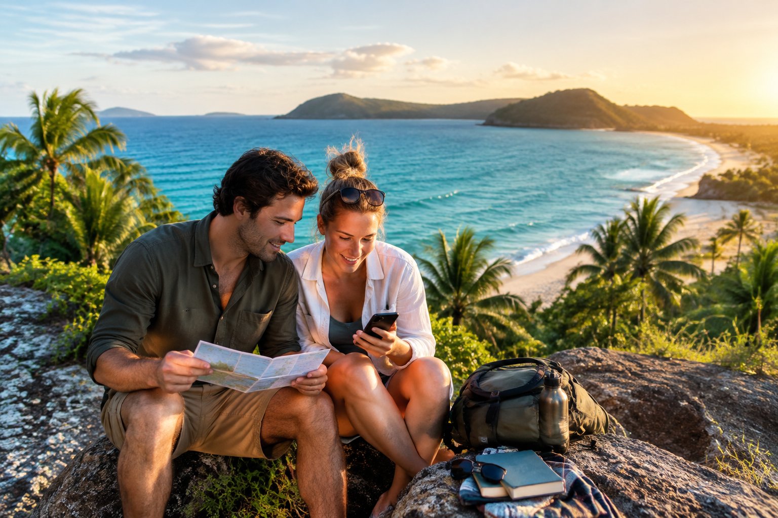 A couple planning their honeymoon at a Queensland coastal lookout.