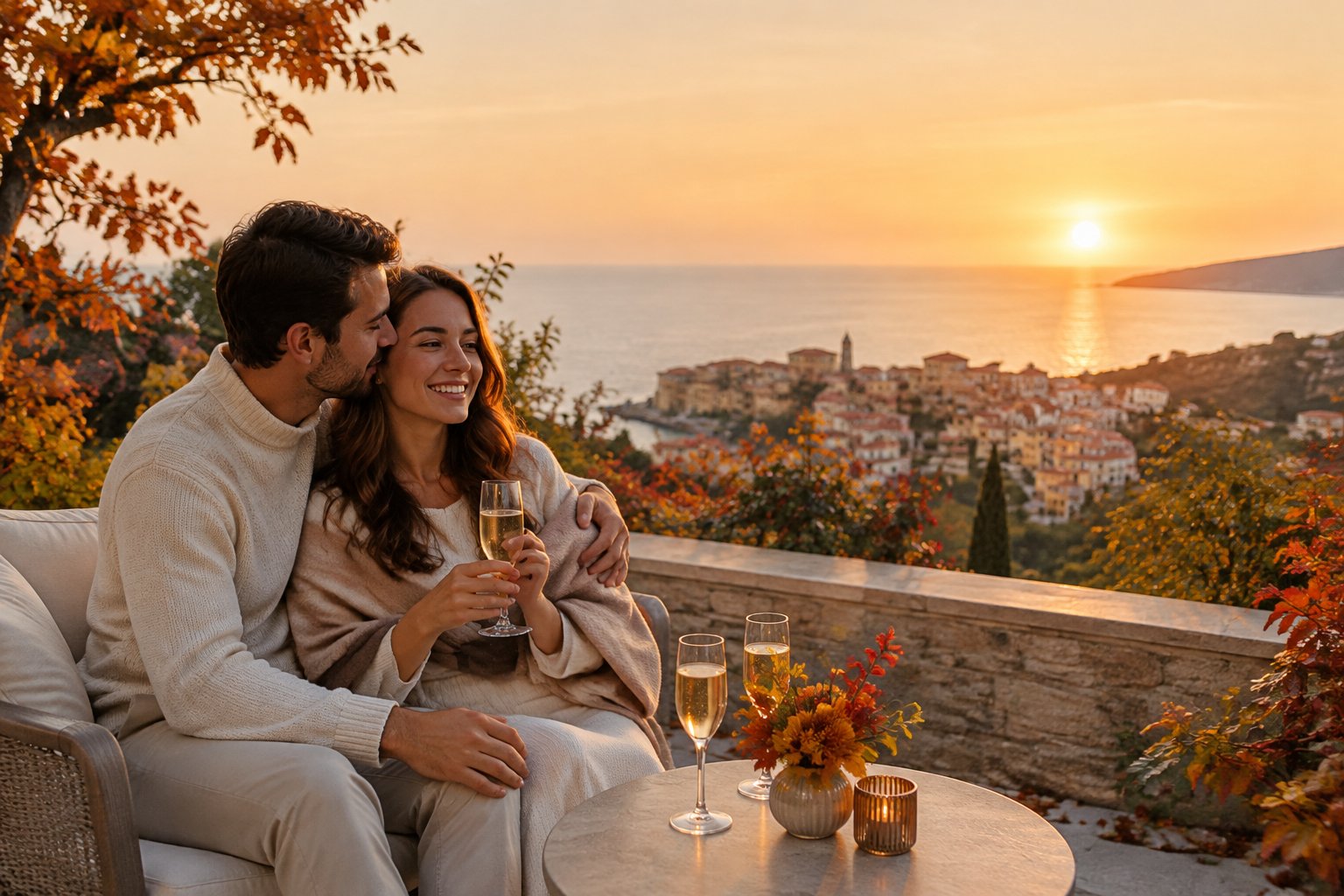 A newlywed couple shares a romantic moment on a seaside resort terrace at sunset.