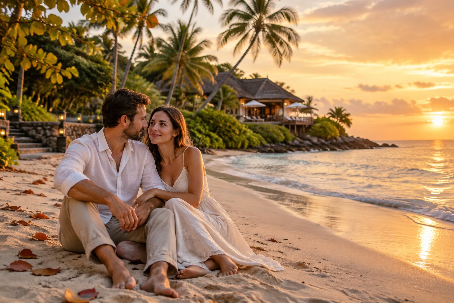 A couple shares a quiet moment on a tropical beach at sunset.
