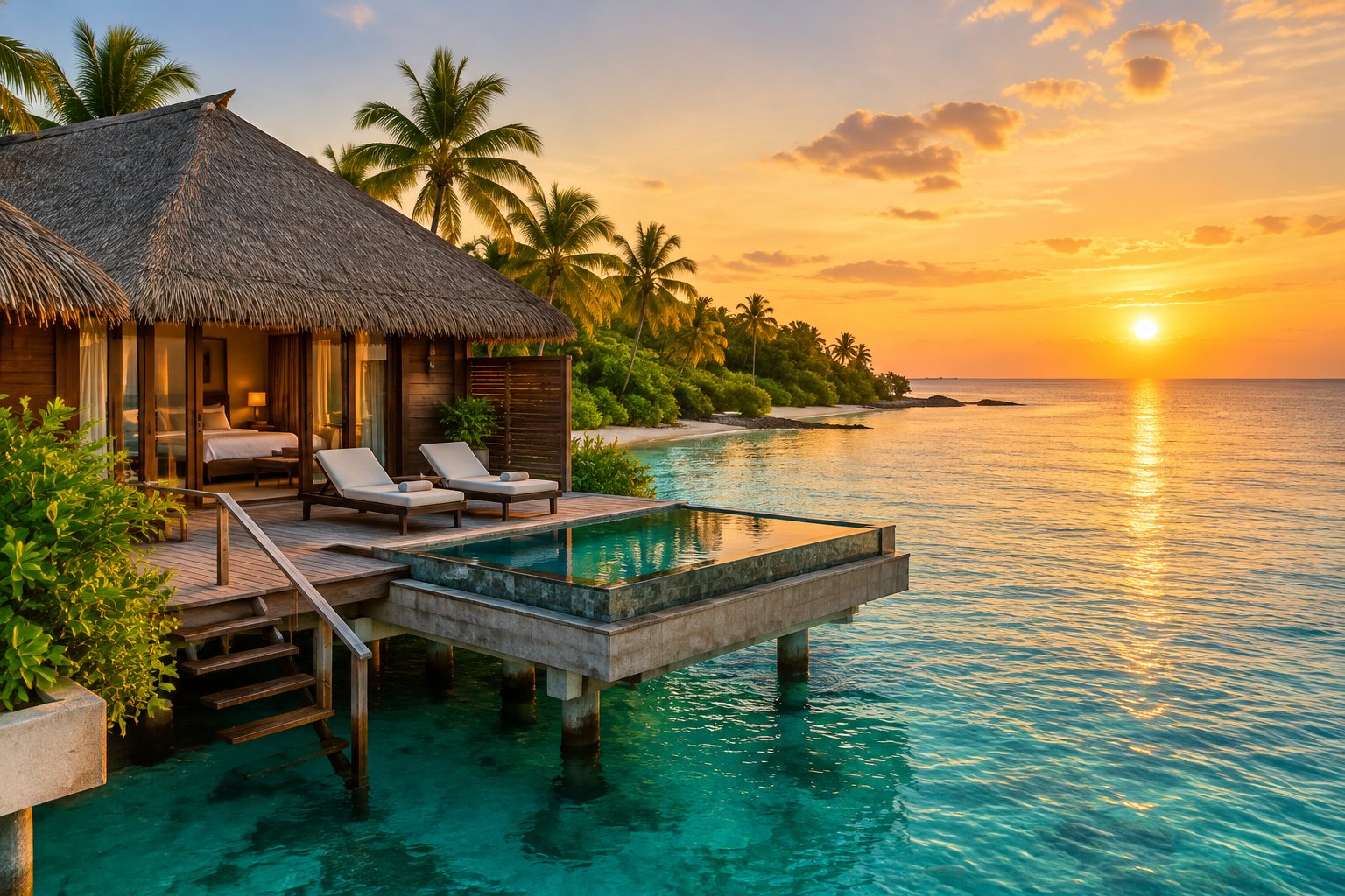 An overwater bungalow with a private deck overlooking a calm tropical ocean.