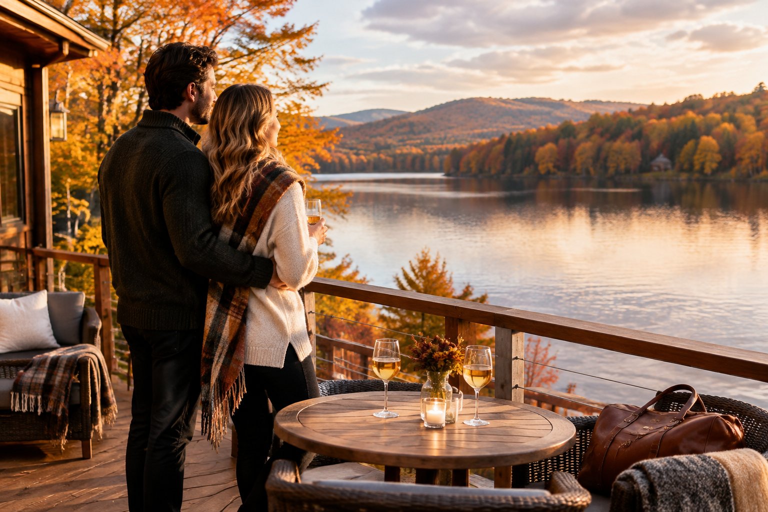 A newlywed couple stands together on a lakeside terrace surrounded by autumn trees.