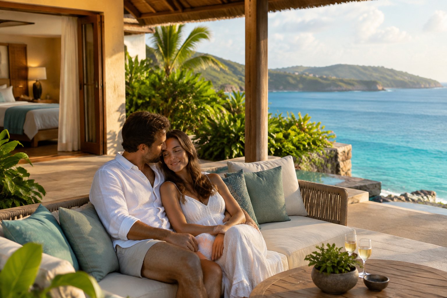 A couple shares a quiet moment on a tropical resort terrace overlooking the ocean.