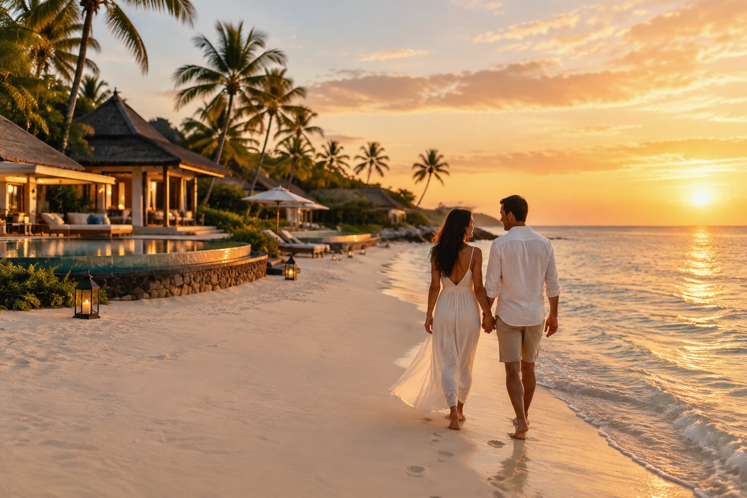 A couple walks together along a tropical resort beach at sunset.