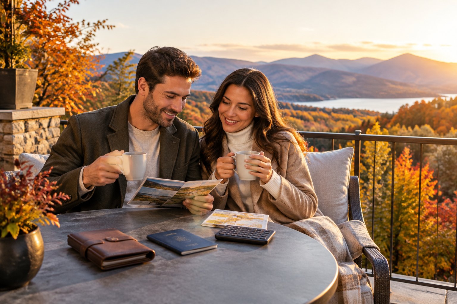 A newlywed couple relaxes on a resort terrace amid autumn foliage.