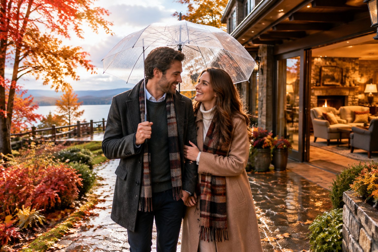 A newlywed couple shares an umbrella on a leafy path at an autumn resort.